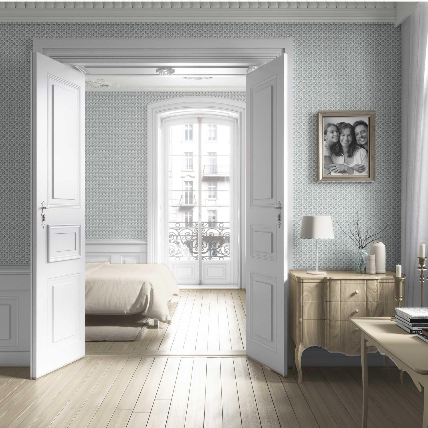 Small-Scale Floral Lattice Living Room Wallpaper Sample (Blue-Green/ White)
