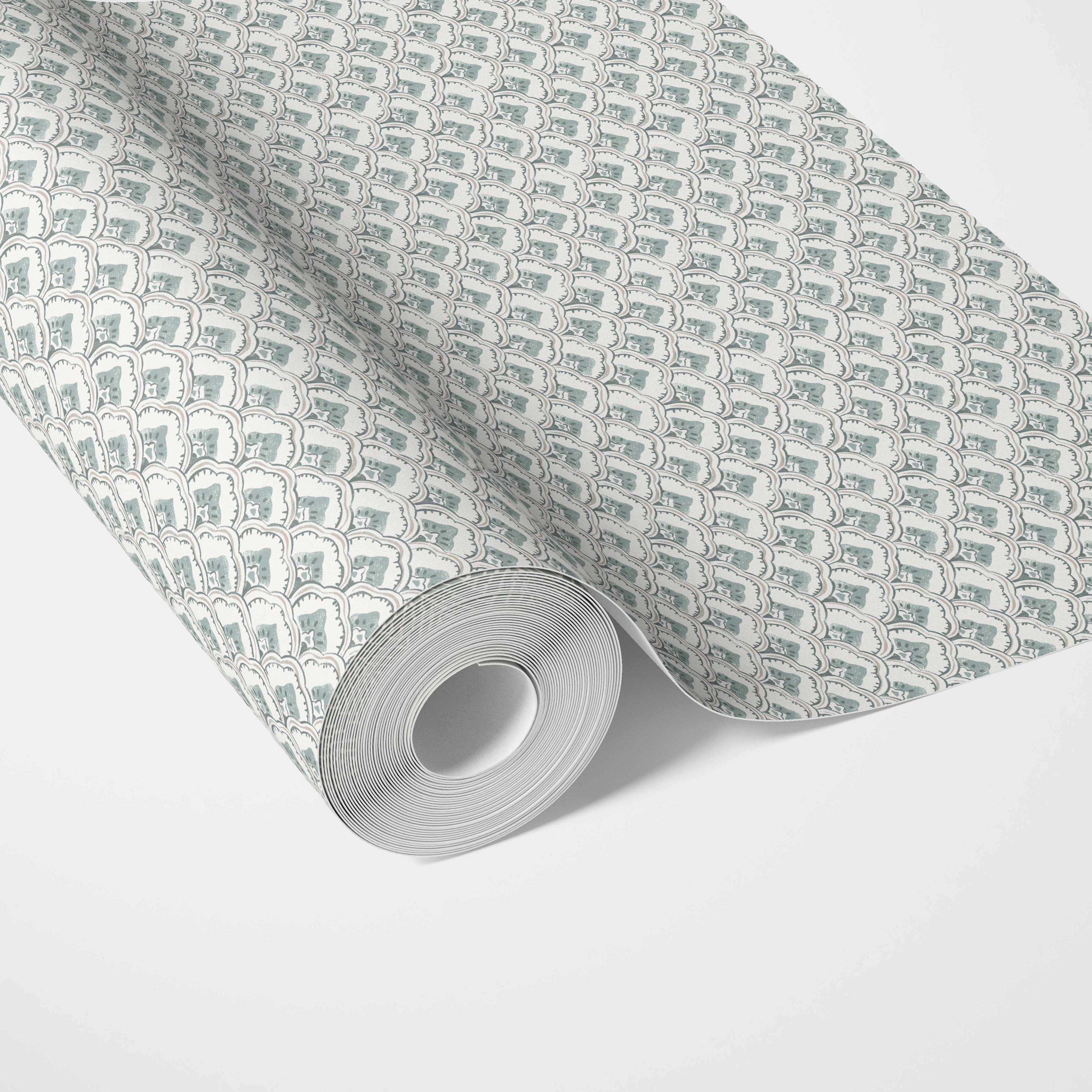 Small-Scale Floral Lattice Traditional Wallpaper Sample (Blue-Green/ White)