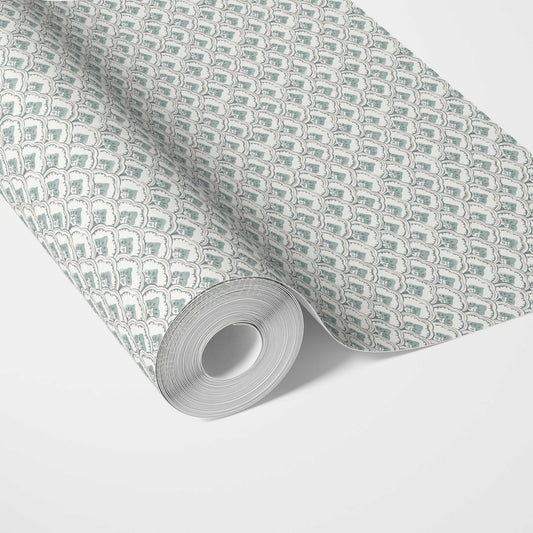 Small-Scale Floral Lattice Traditional Wallpaper Sample (Blue-Green/ White)