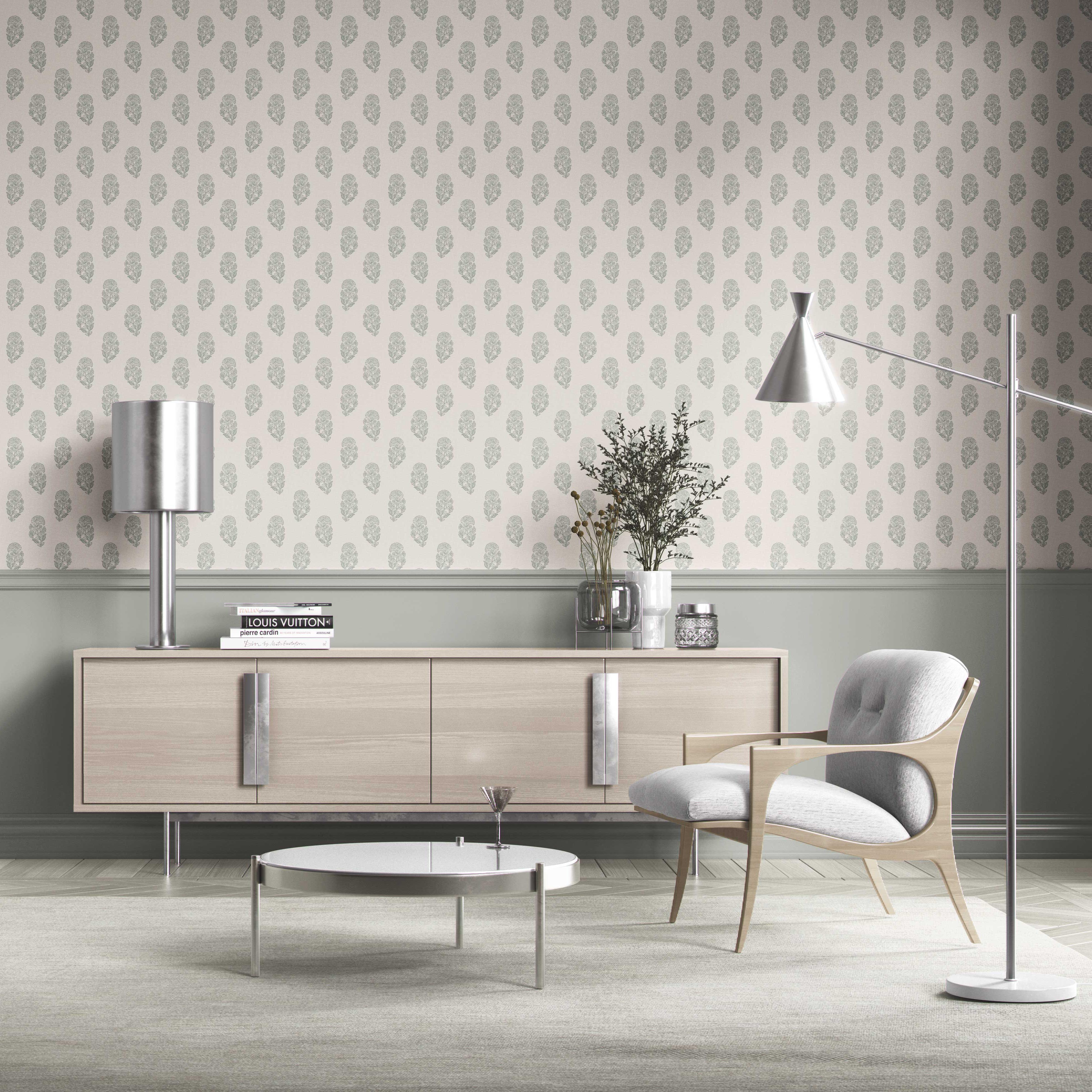 Neutral Botanical/ Floral Block Print Kitchen Wallpaper Sample (Green-Gray/ Cream)