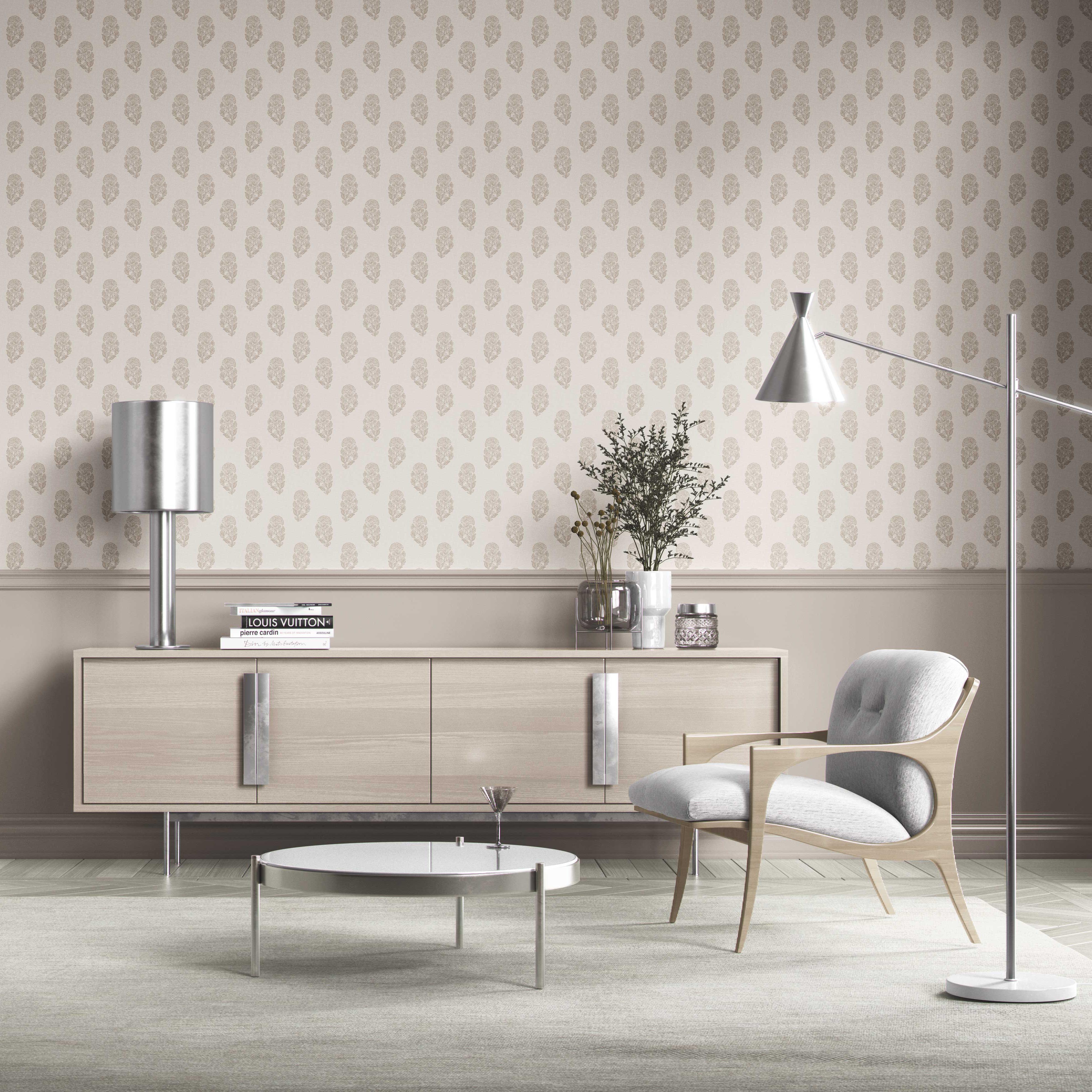 Neutral Botanical/ Floral Block Print Kitchen Wallpaper Sample (Beige/ Greige/ Cream)