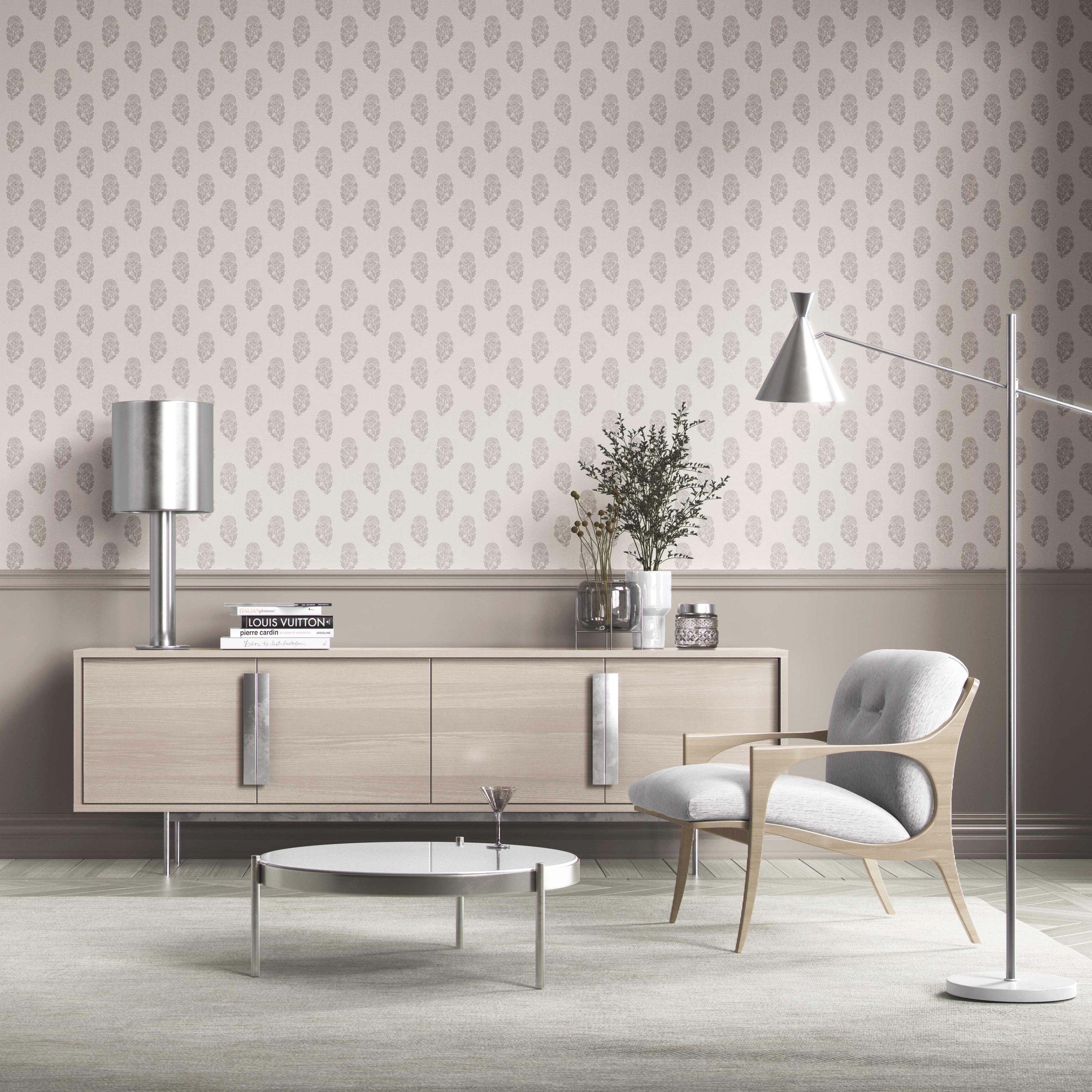 Neutral Botanical/ Floral Block Print Kitchen Wallpaper Sample (Gray/ Soft Taupe/ Cream)