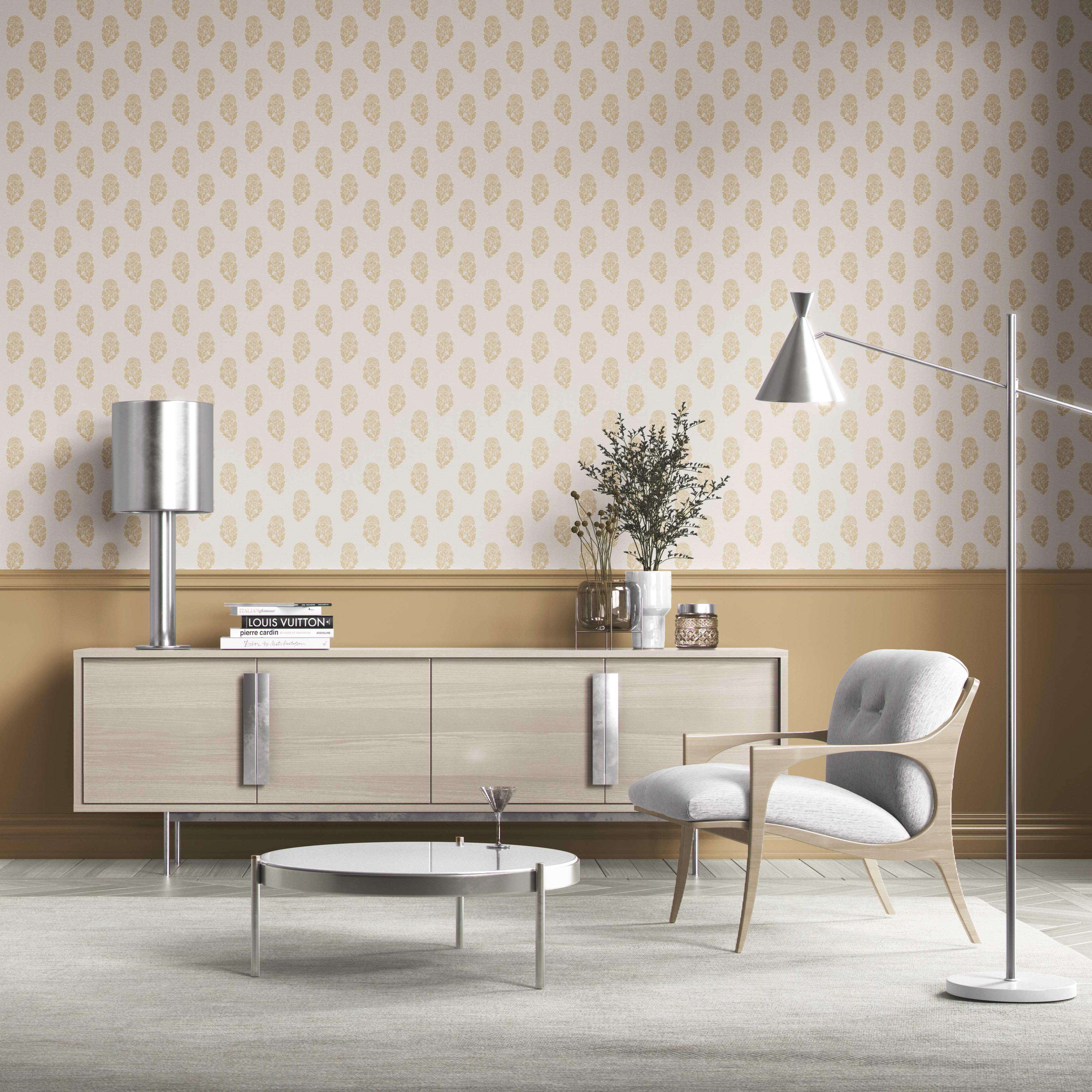 Botanical/ Floral Block Print Kitchen Wallpaper (Yellow/ Cream)