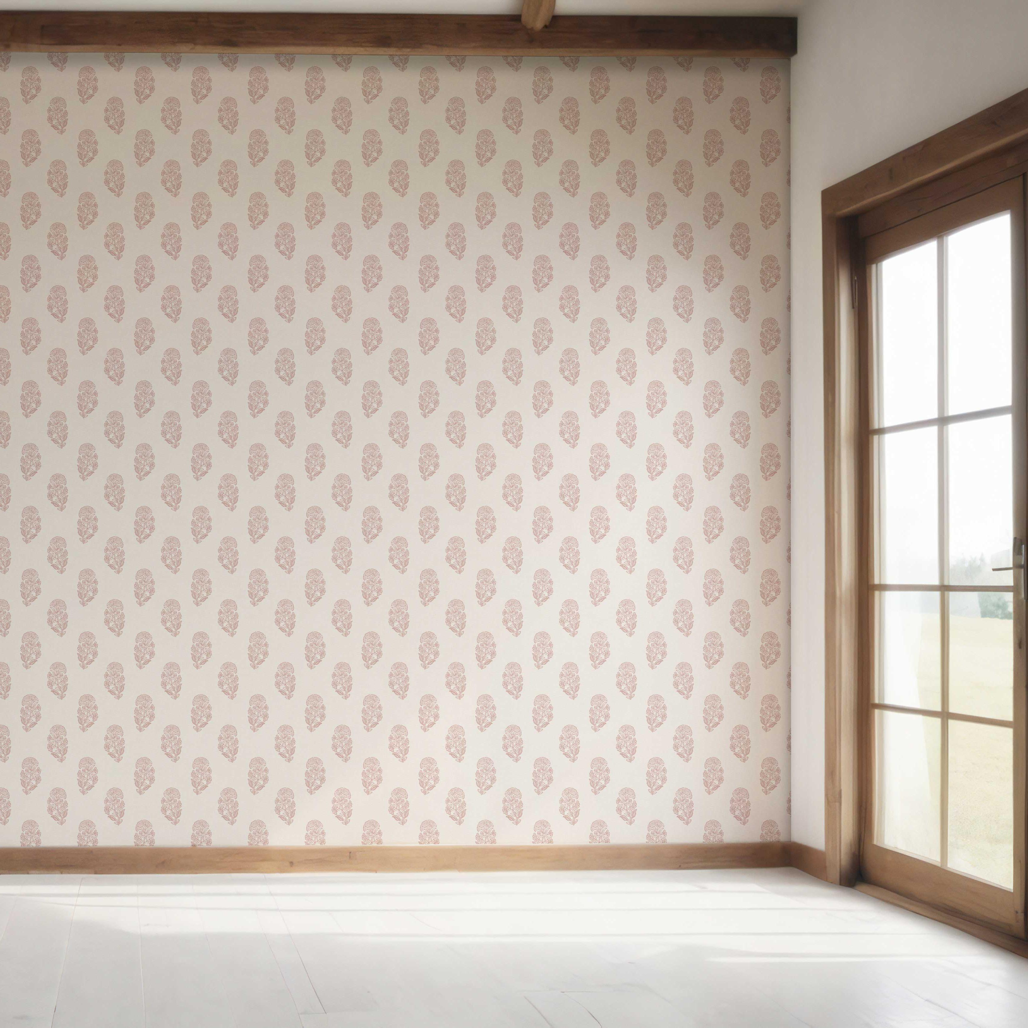 Botanical/ Floral Block Print Bedroom Wallpaper Sample (Pink/ Cream)