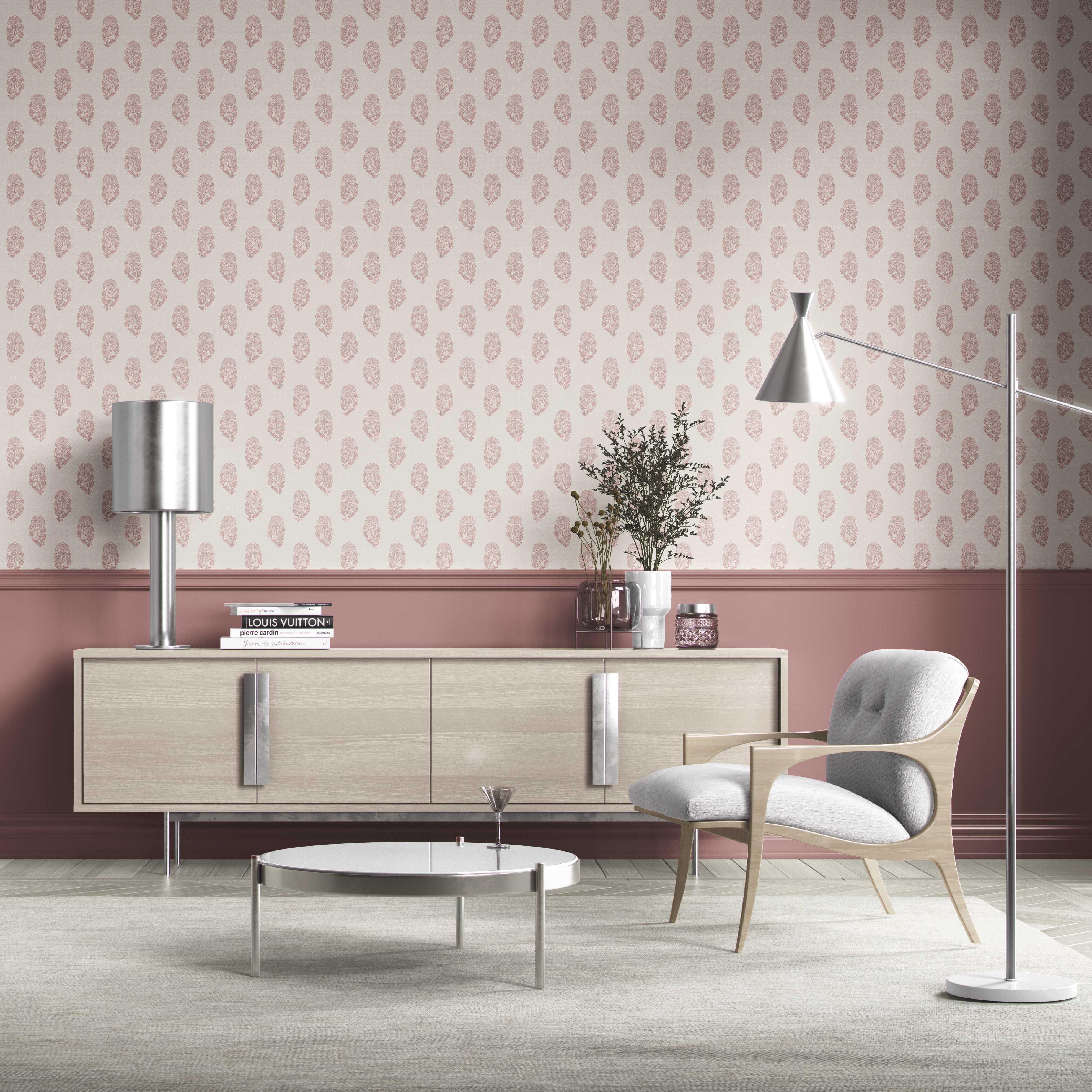 Botanical/ Floral Block Print Kitchen Wallpaper Sample (Pink/ Cream)