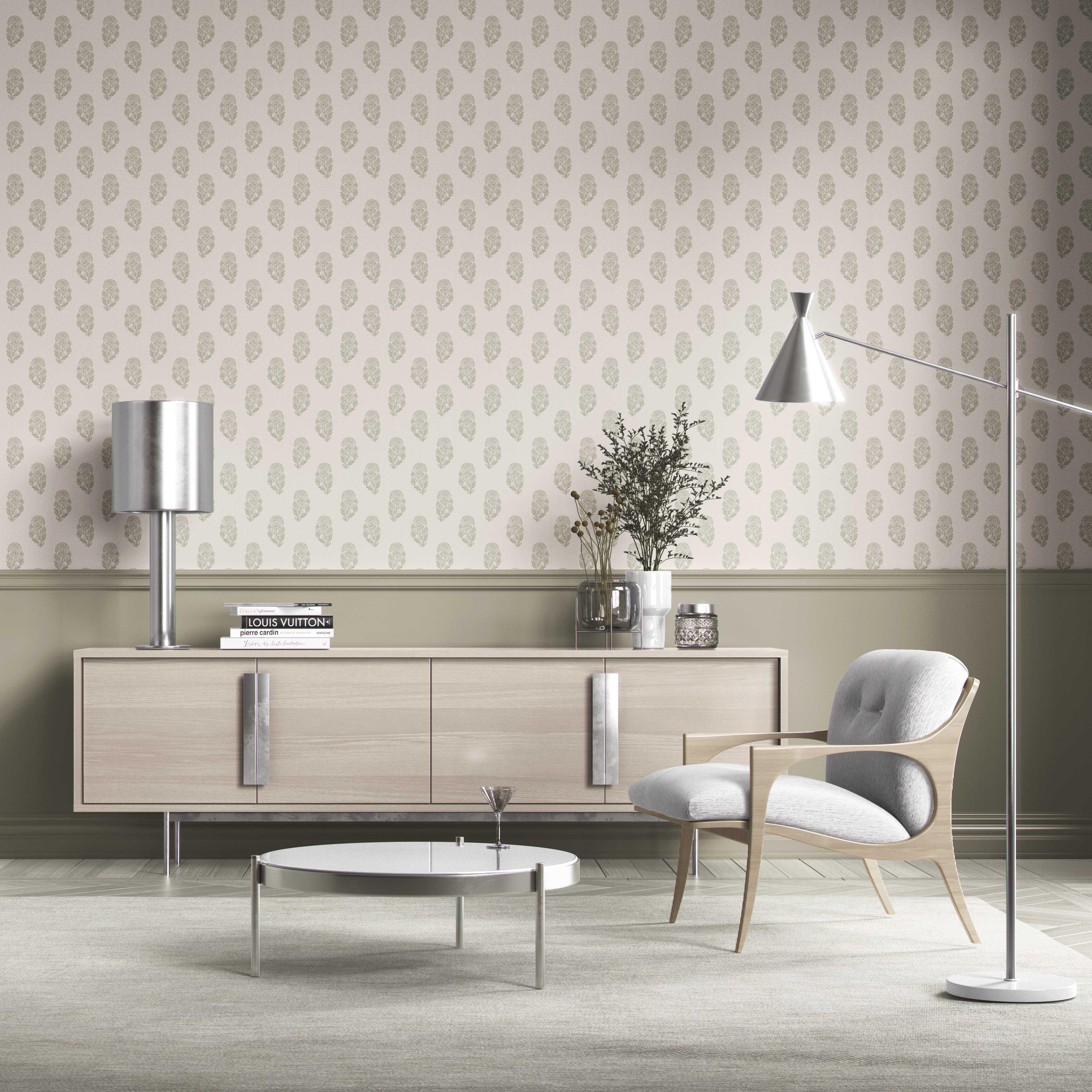 Botanical/ Floral Block Print Kitchen Wallpaper Sample (Olive Green/ Cream)