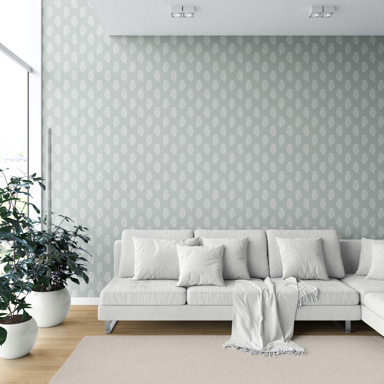 Neutral Botanical/ Floral Block Print Shower Toilet Wallpaper Sample (Green-Gray)