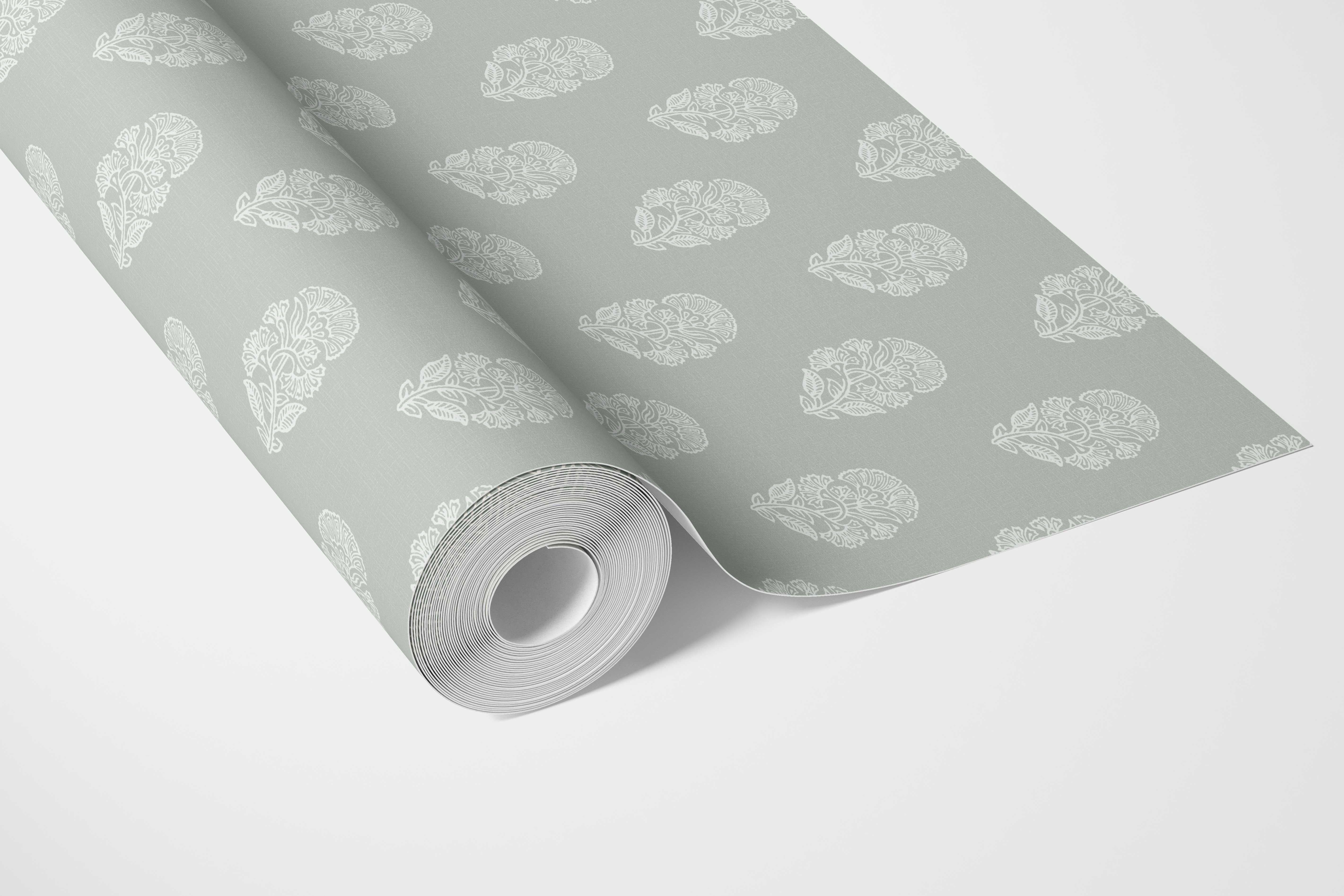 Neutral Botanical/ Floral Block Print Bathroom Wallpaper Sample (Green-Gray)