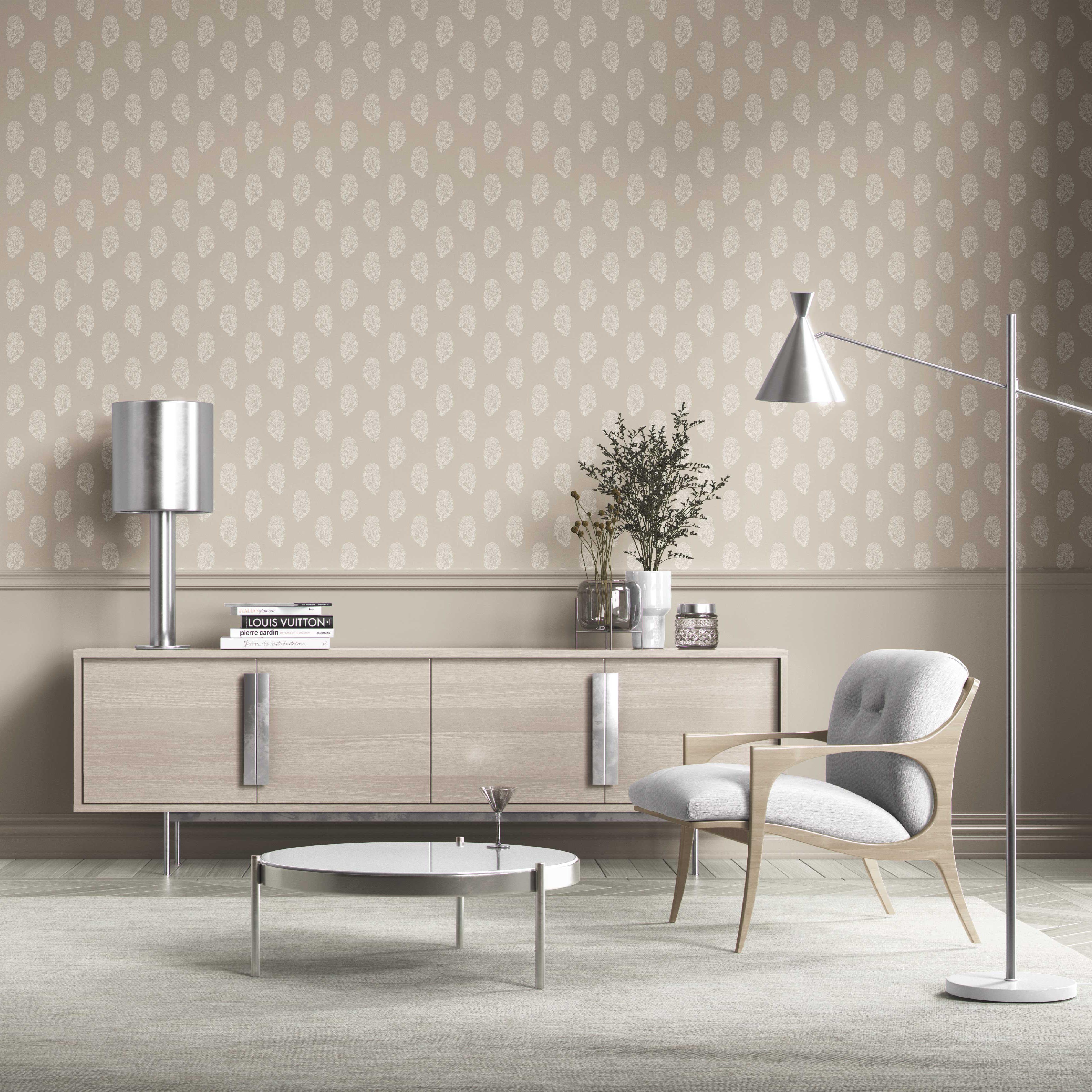 Neutral Botanical/ Floral Block Print Kitchen Wallpaper Sample (Beige/ White)