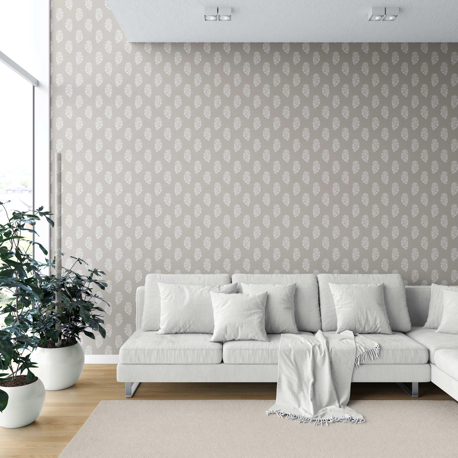 Neutral Botanical/ Floral Block Print Shower Toilet Wallpaper Sample (Gray/ White)