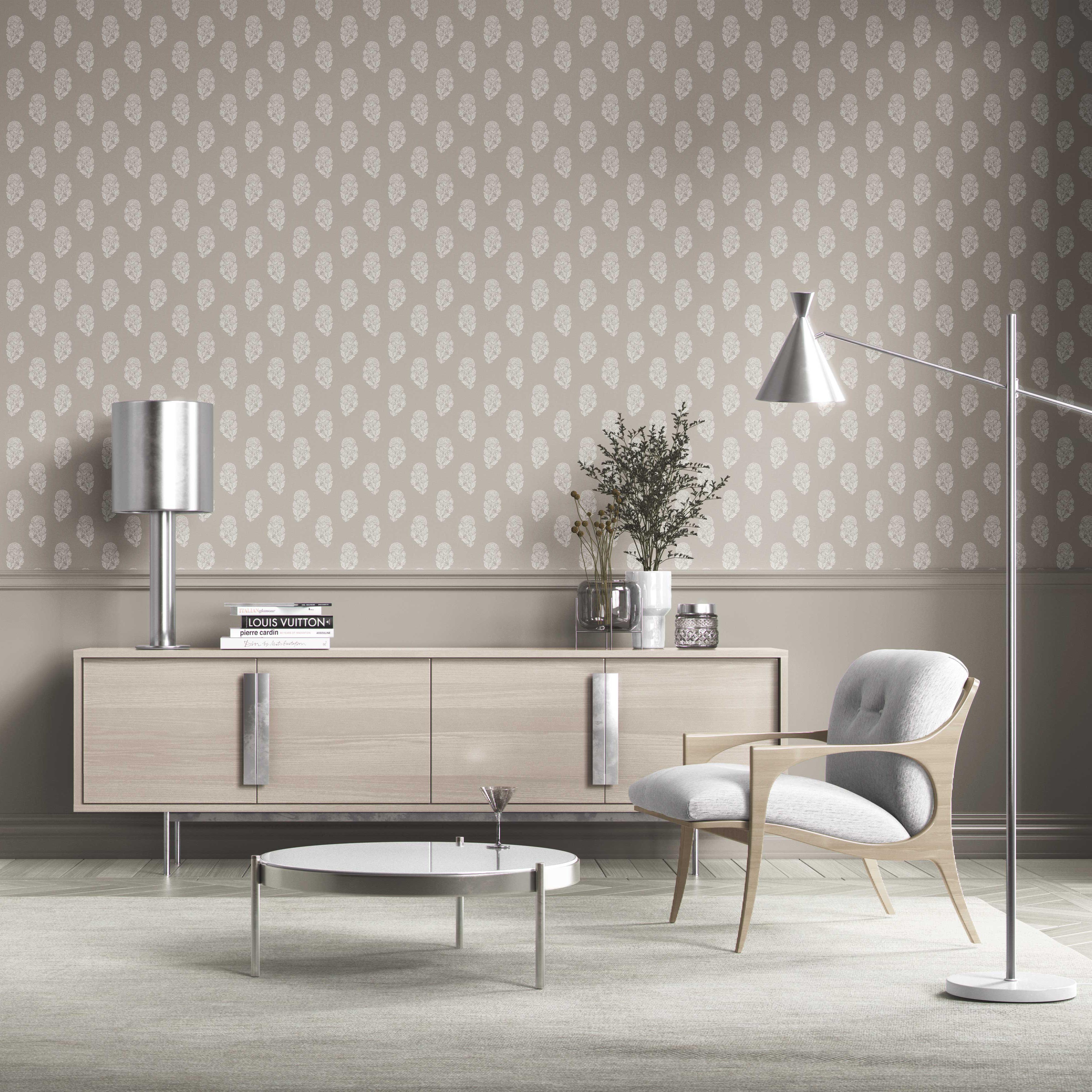 Neutral Botanical/ Floral Block Print Kitchen Wallpaper Sample (Gray/ White)
