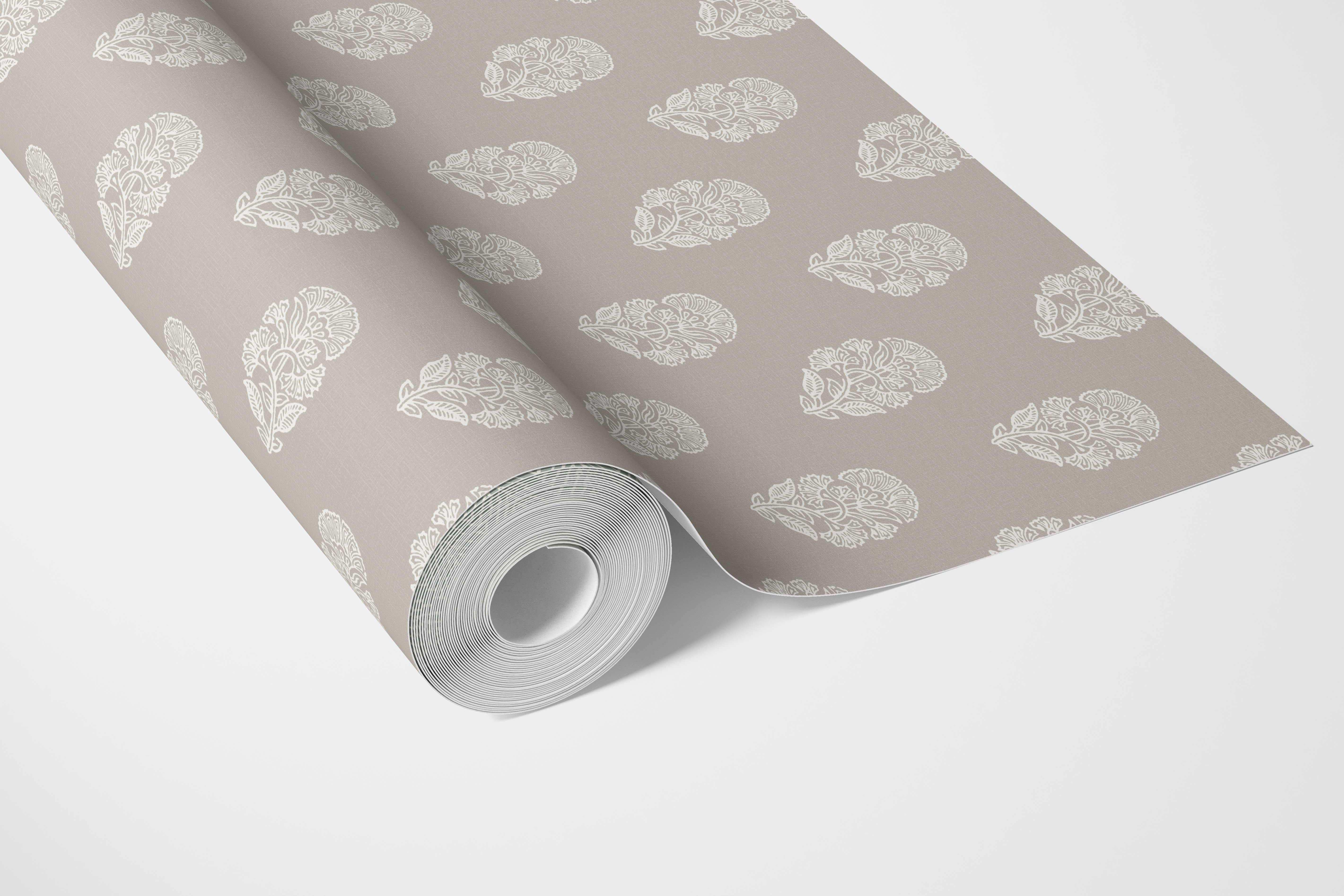Neutral Botanical/ Floral Block Print Bathroom Wallpaper (Gray/ White)