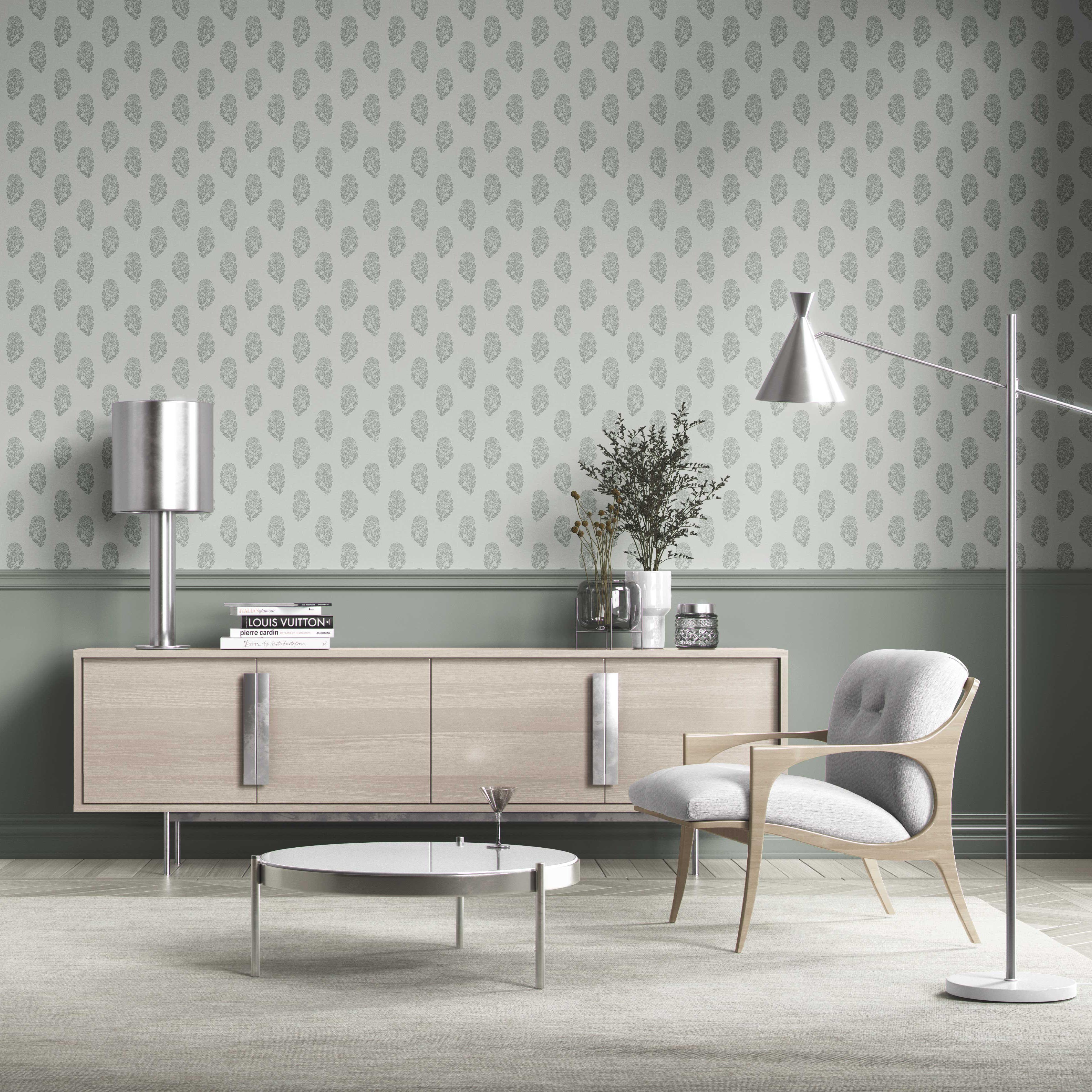 Botanical/ Floral Block Print Kitchen Wallpaper Sample (Sage Gray-Blue)