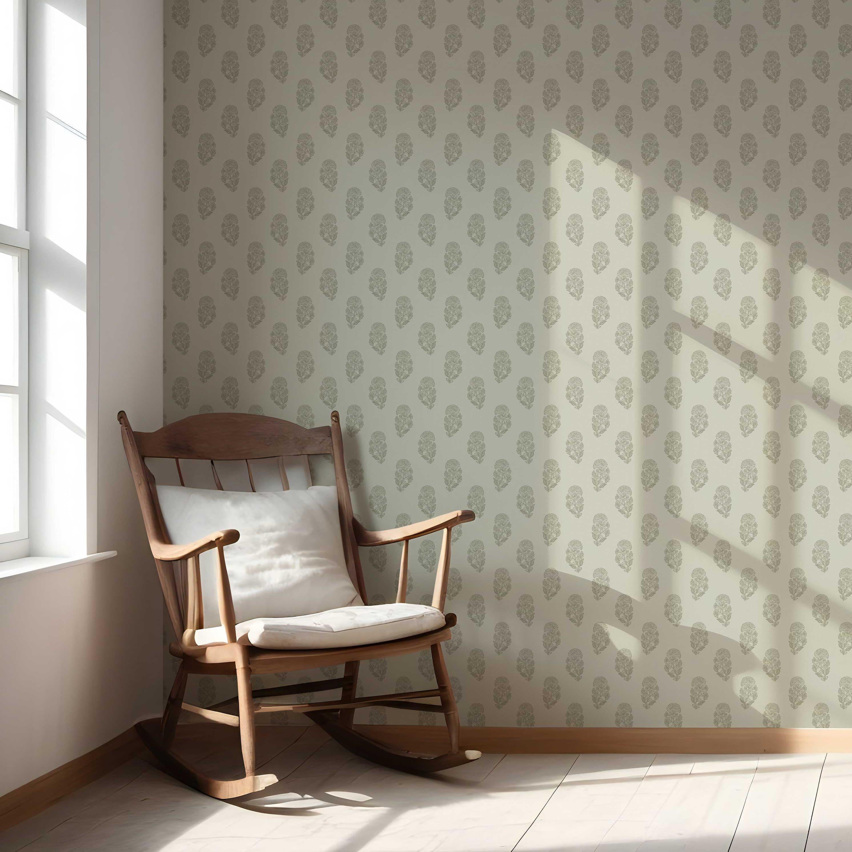 Neutral Botanical/ Floral Block Print Nursery Wallpaper Sample (Olive Gray)
