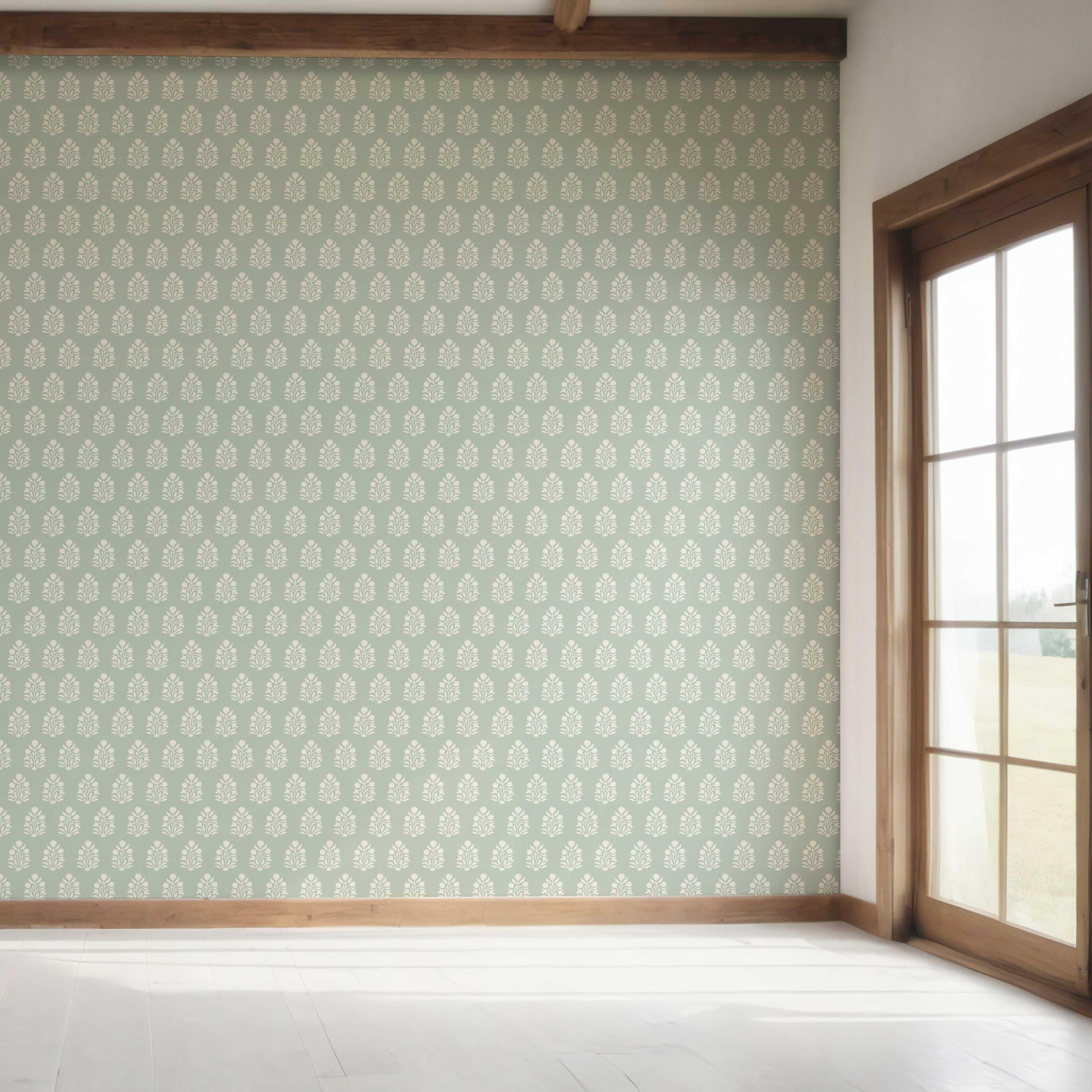 Vintage-Inspired Botanical Floral Block Print Bedroom Wallpaper Sample (Duck Egg Blue/ Cream)