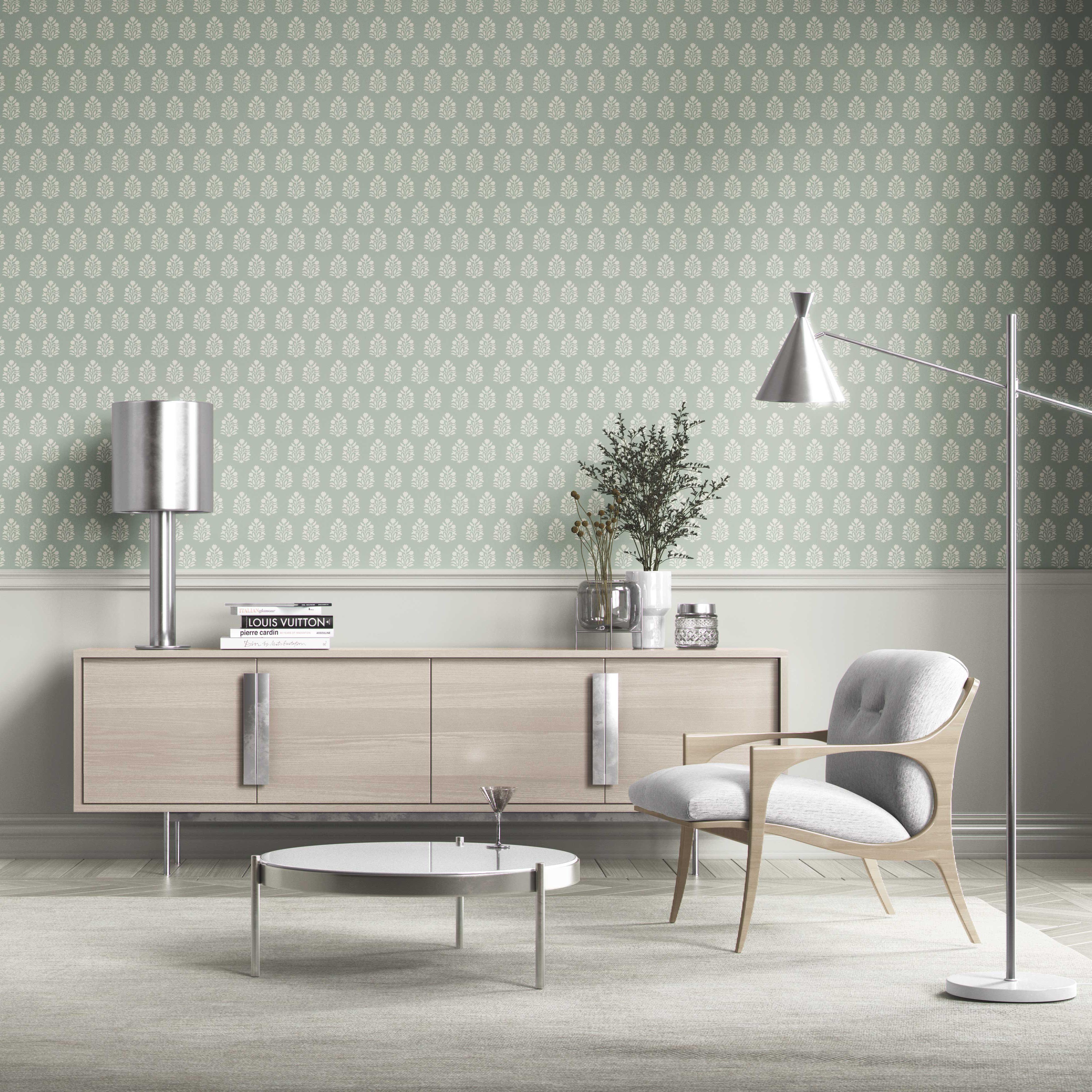 Vintage-Inspired Botanical Floral Block Print Kitchen Wallpaper (Duck Egg Blue/ Cream)