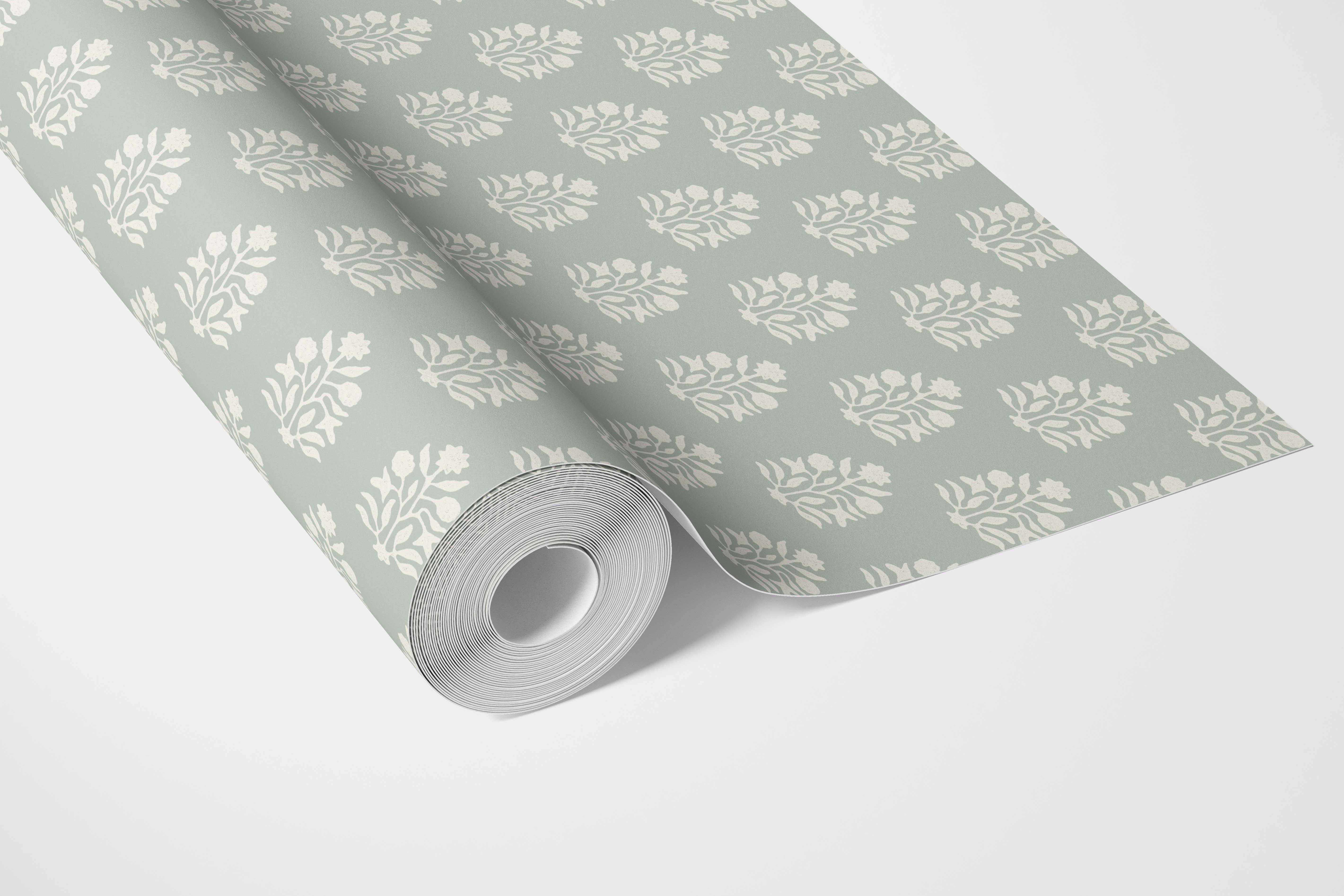Vintage-Inspired Botanical Floral Block Print Bathroom Wallpaper (Duck Egg Blue/ Cream)