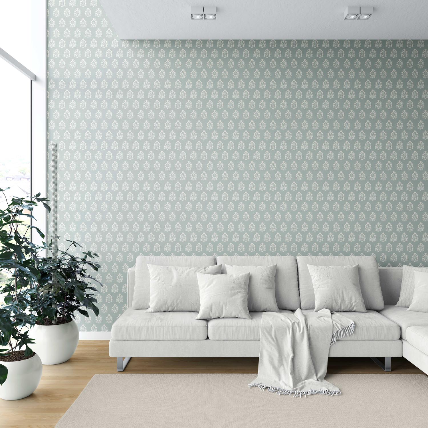 Vintage-Inspired Botanical Floral Block Print Shower Toilet Wallpaper Sample (Blue/ Cream)