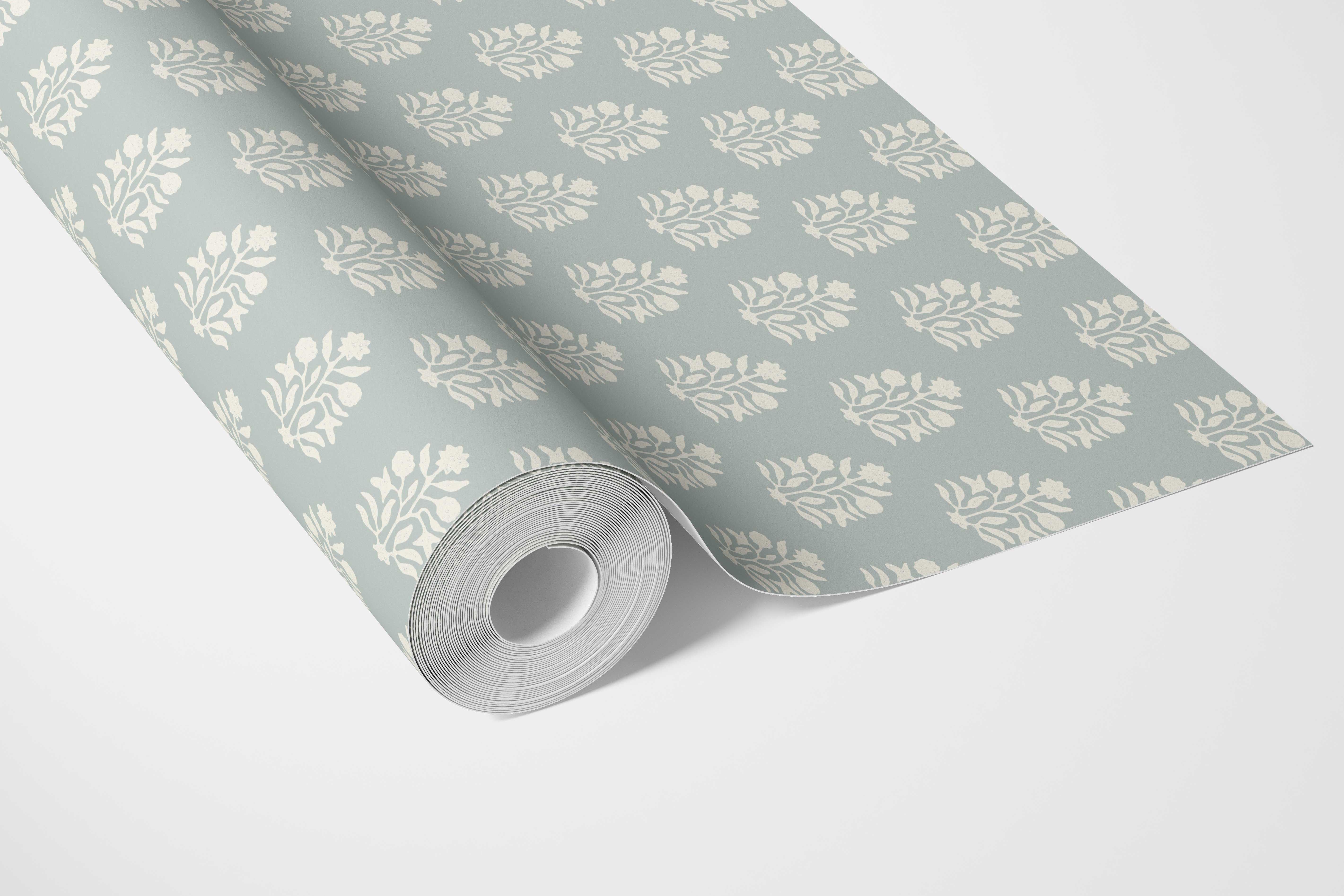 Vintage-Inspired Botanical Floral Block Print Bathroom Wallpaper Sample (Blue/ Cream)