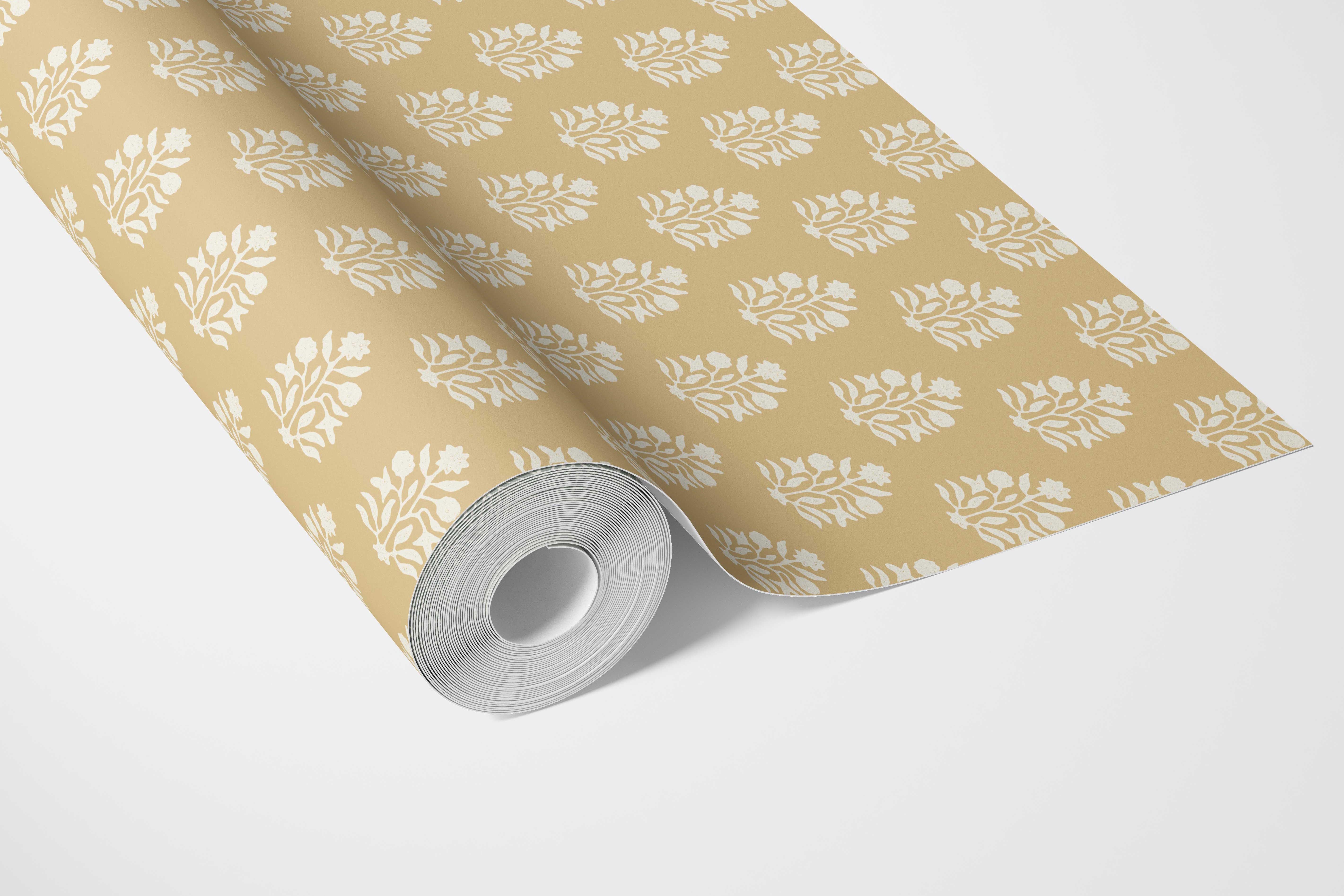 Vintage-Inspired Botanical Floral Block Print Bathroom Wallpaper Sample (Yellow/ Cream)