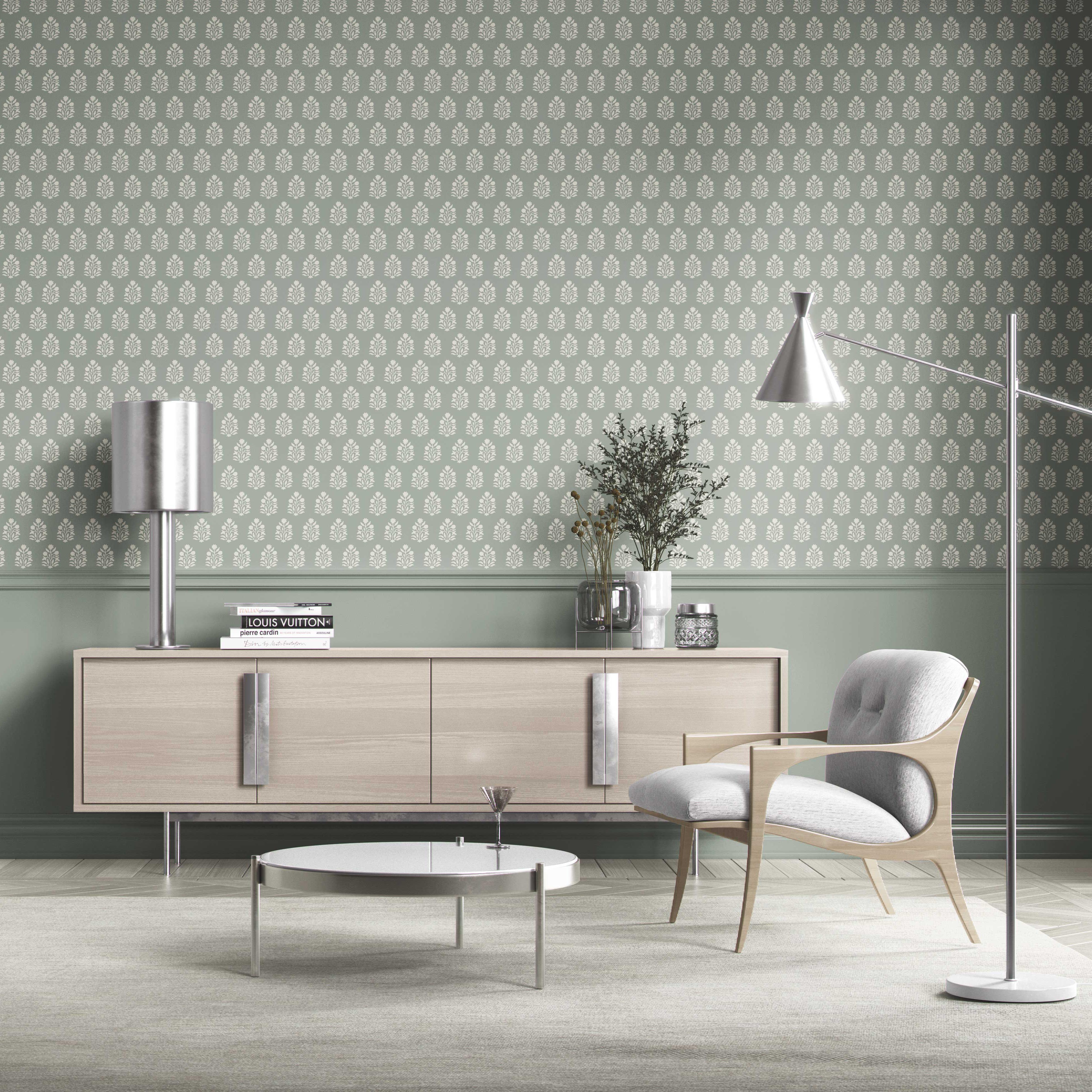 Vintage-Inspired Botanical Floral Block Print Kitchen Wallpaper Sample (Green-Gray/ Cream)