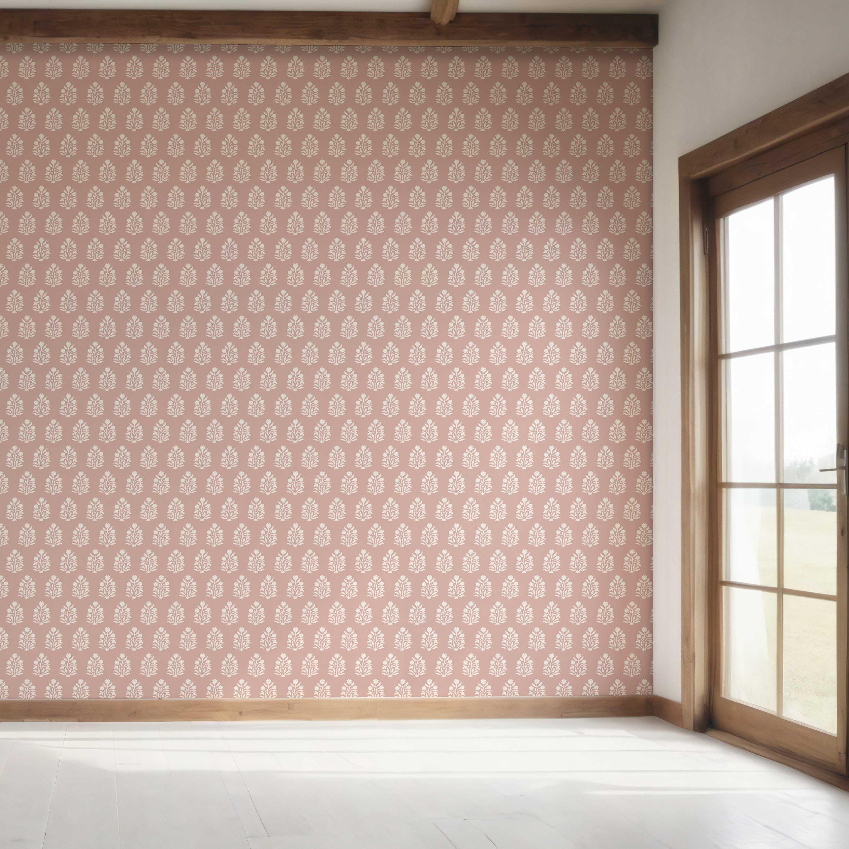 Vintage-Inspired Botanical Floral Block Print Bedroom Wallpaper Sample (Pink/ Cream)