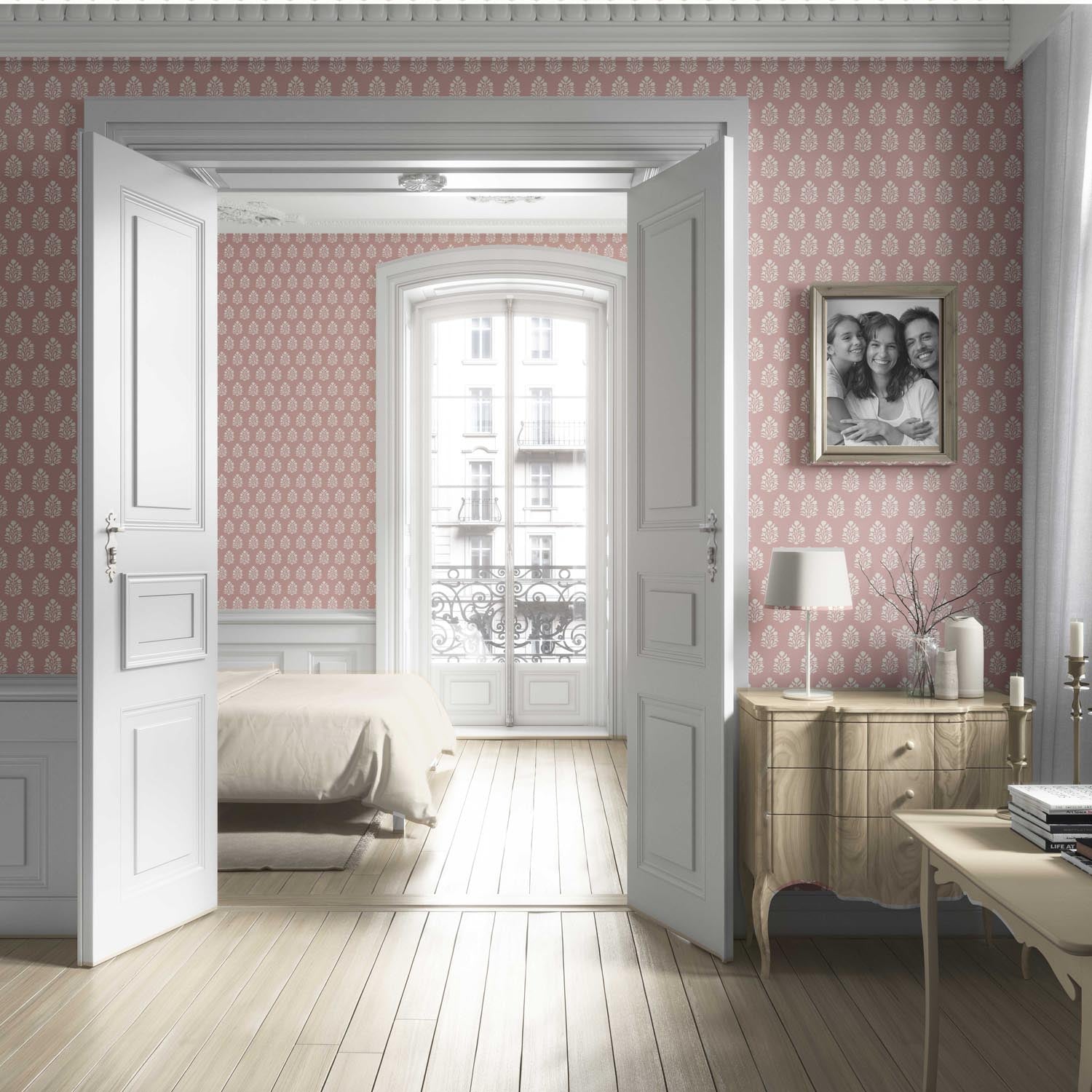 Vintage-Inspired Botanical Floral Block Print Living Room Wallpaper Sample (Pink/ Cream)