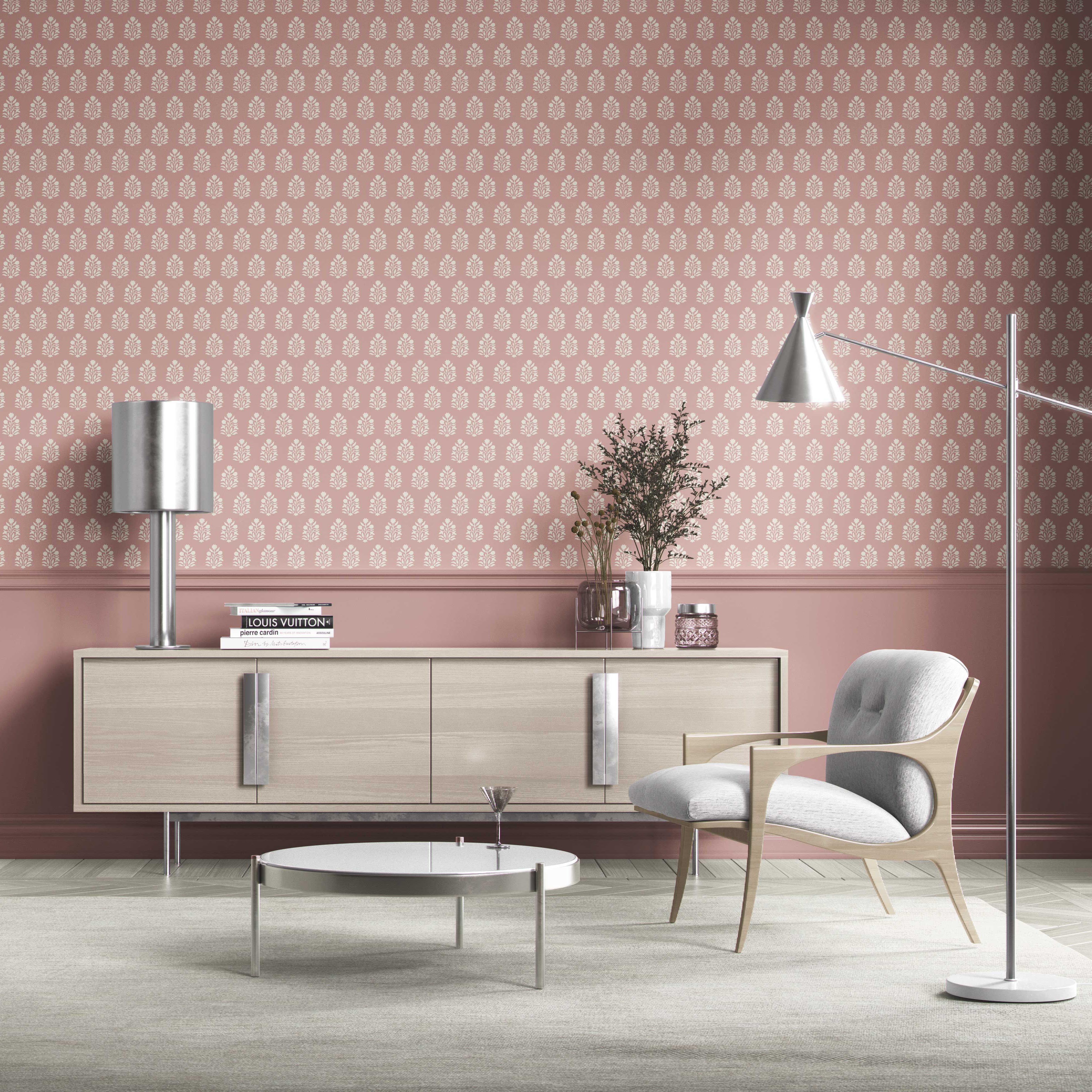 Vintage-Inspired Botanical Floral Block Print Kitchen Wallpaper (Pink/ Cream)