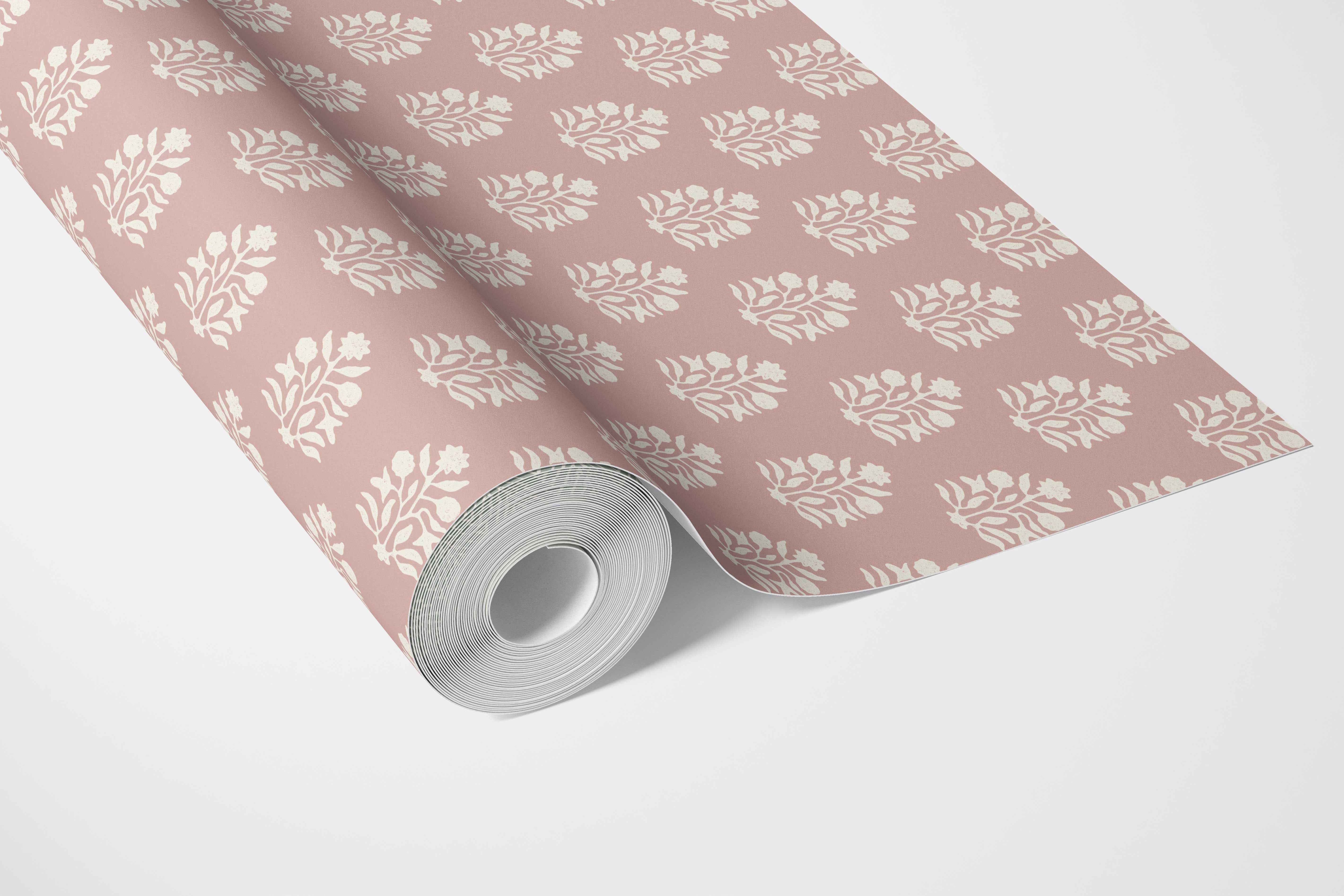 Vintage-Inspired Botanical Floral Block Print Bathroom Wallpaper (Pink/ Cream)