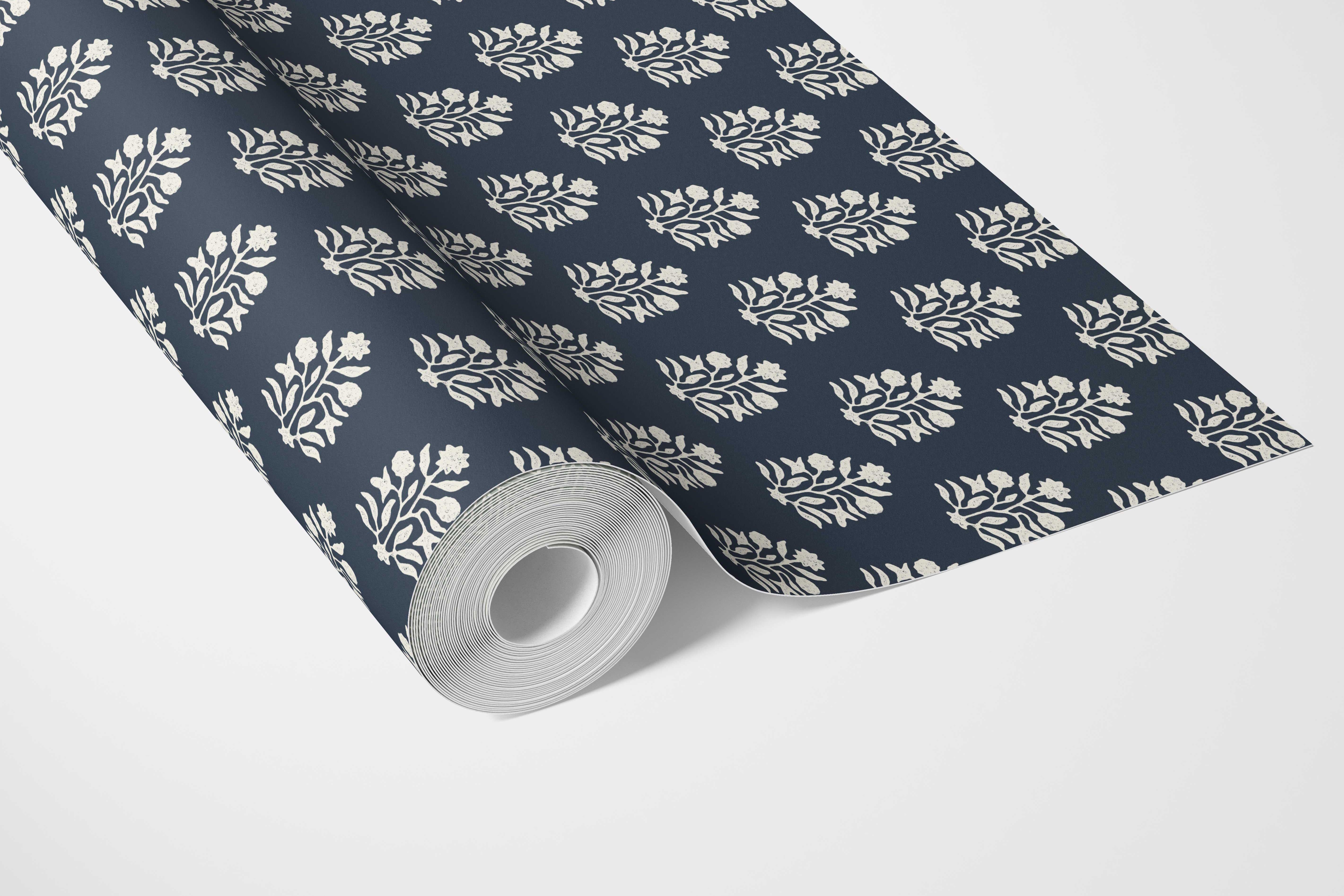 Vintage-Inspired Botanical Floral Block Print Bathroom Wallpaper Sample (Navy Blue/ White)