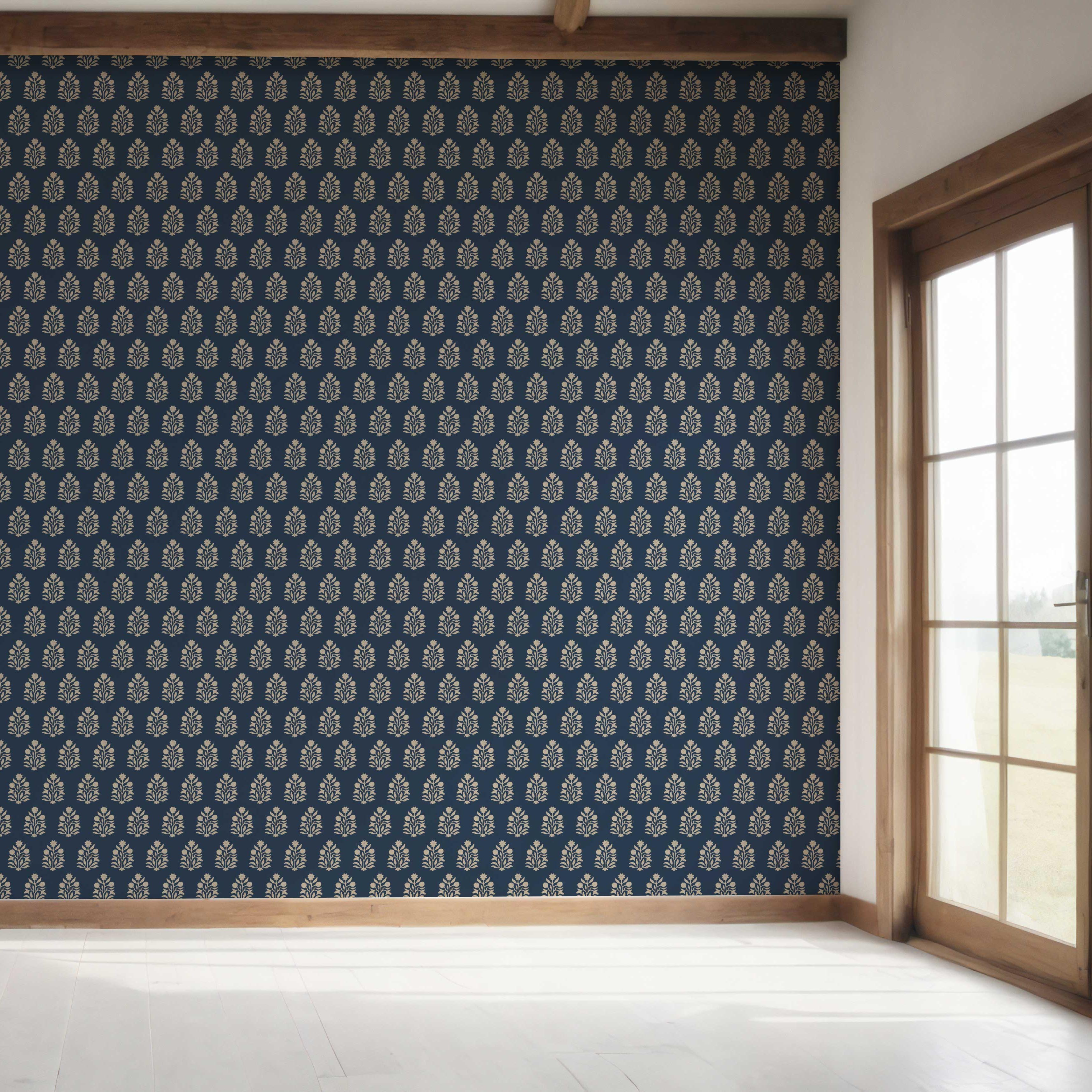 Vintage-Inspired Botanical Floral Block Print Bedroom Wallpaper Sample (Navy Blue/ Beige)