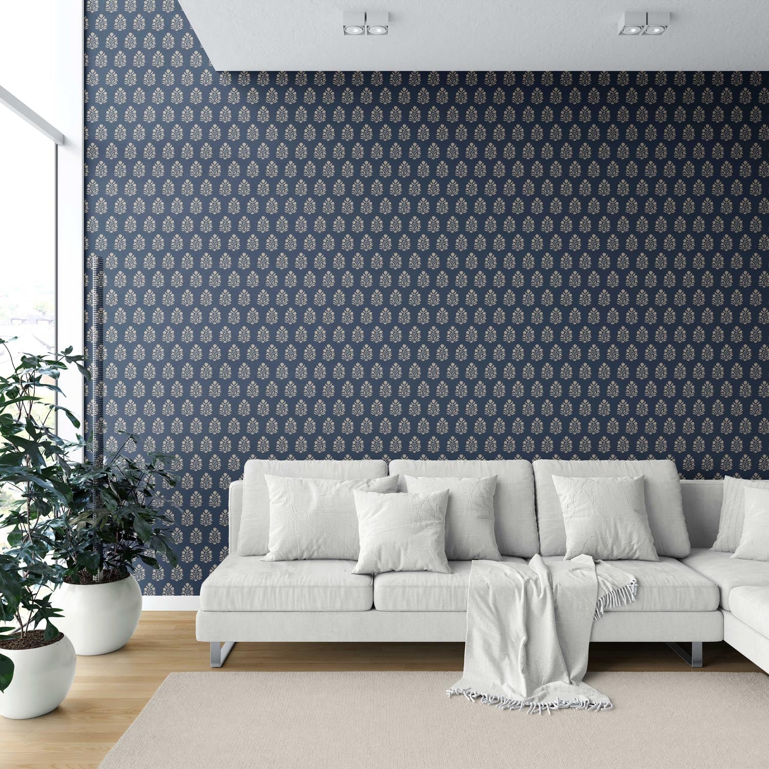 Vintage-Inspired Botanical Floral Block Print Shower Toilet Wallpaper Sample (Navy Blue/ Beige)
