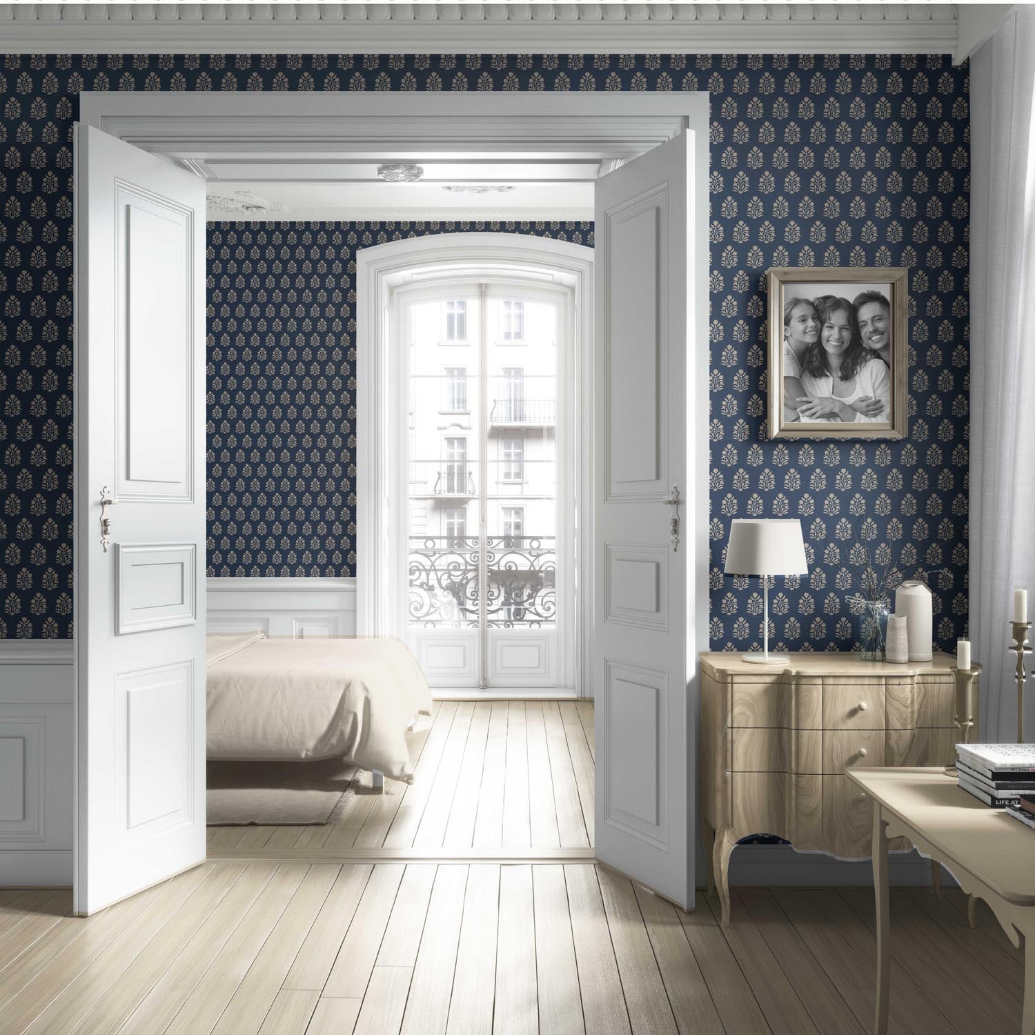 Vintage-Inspired Botanical Floral Block Print Living Room Wallpaper Sample (Navy Blue/ Beige)