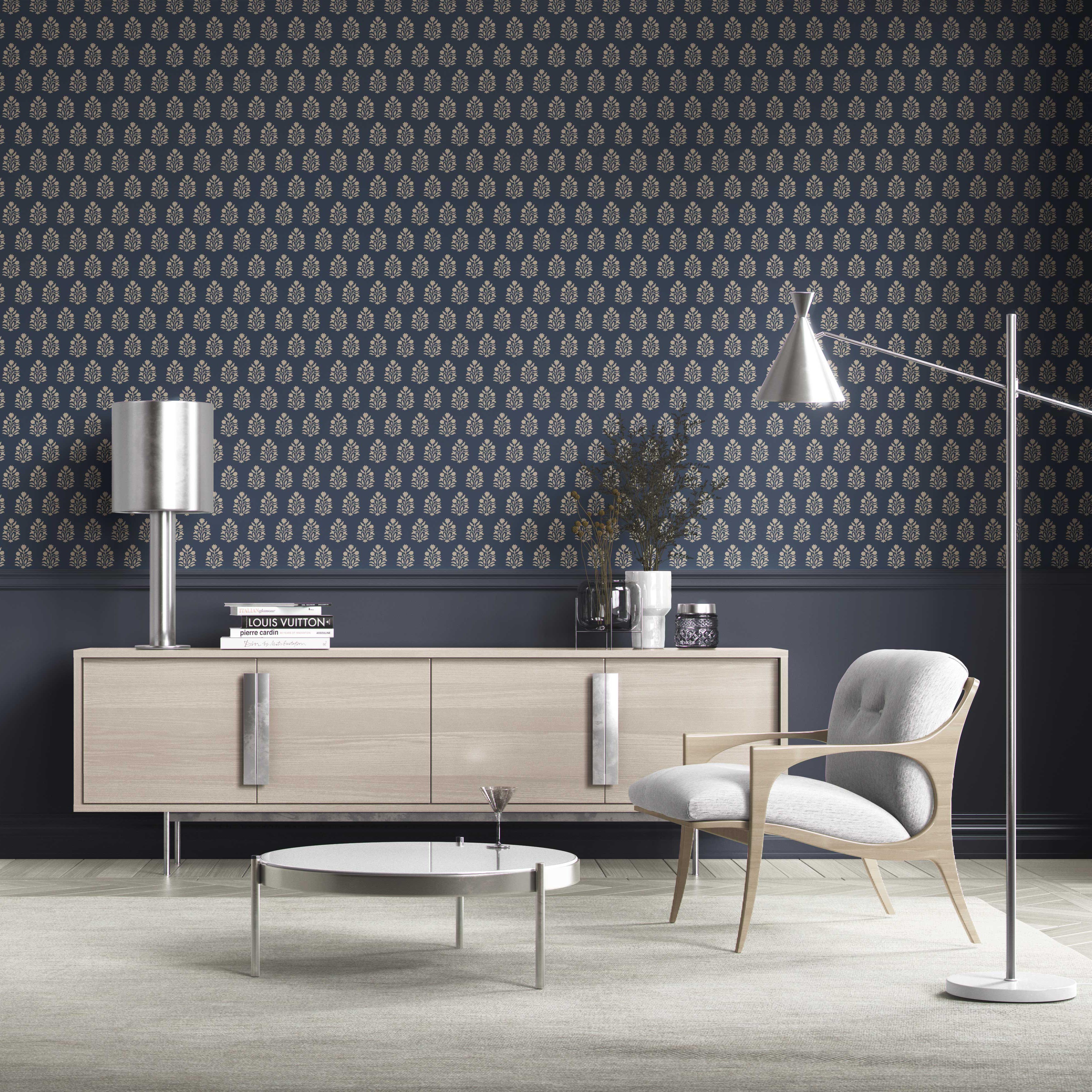 Vintage-Inspired Botanical Floral Block Print Kitchen Wallpaper Sample (Navy Blue/ Beige)
