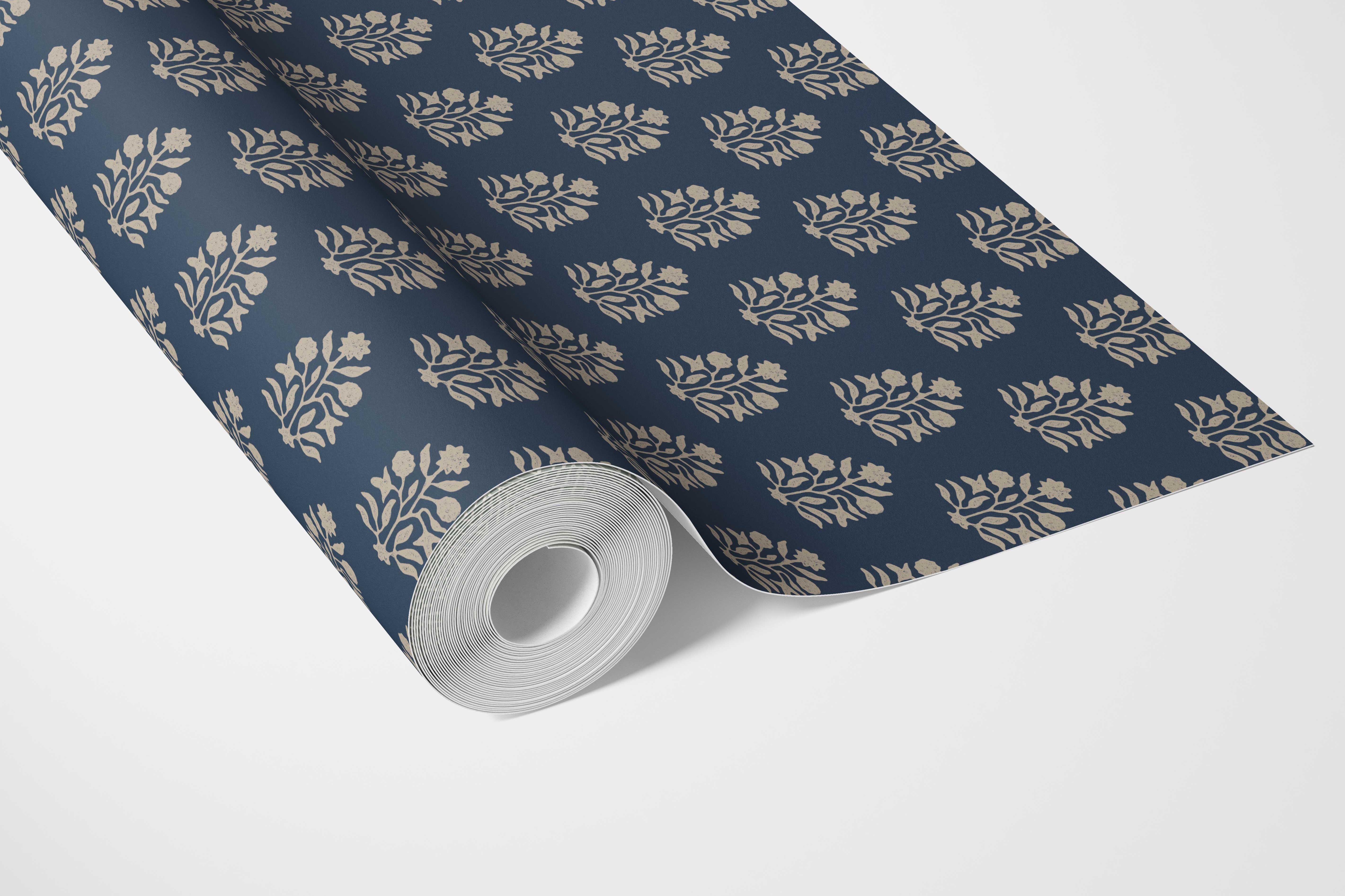 Vintage-Inspired Botanical Floral Block Print Bathroom Wallpaper (Navy Blue/ Beige)