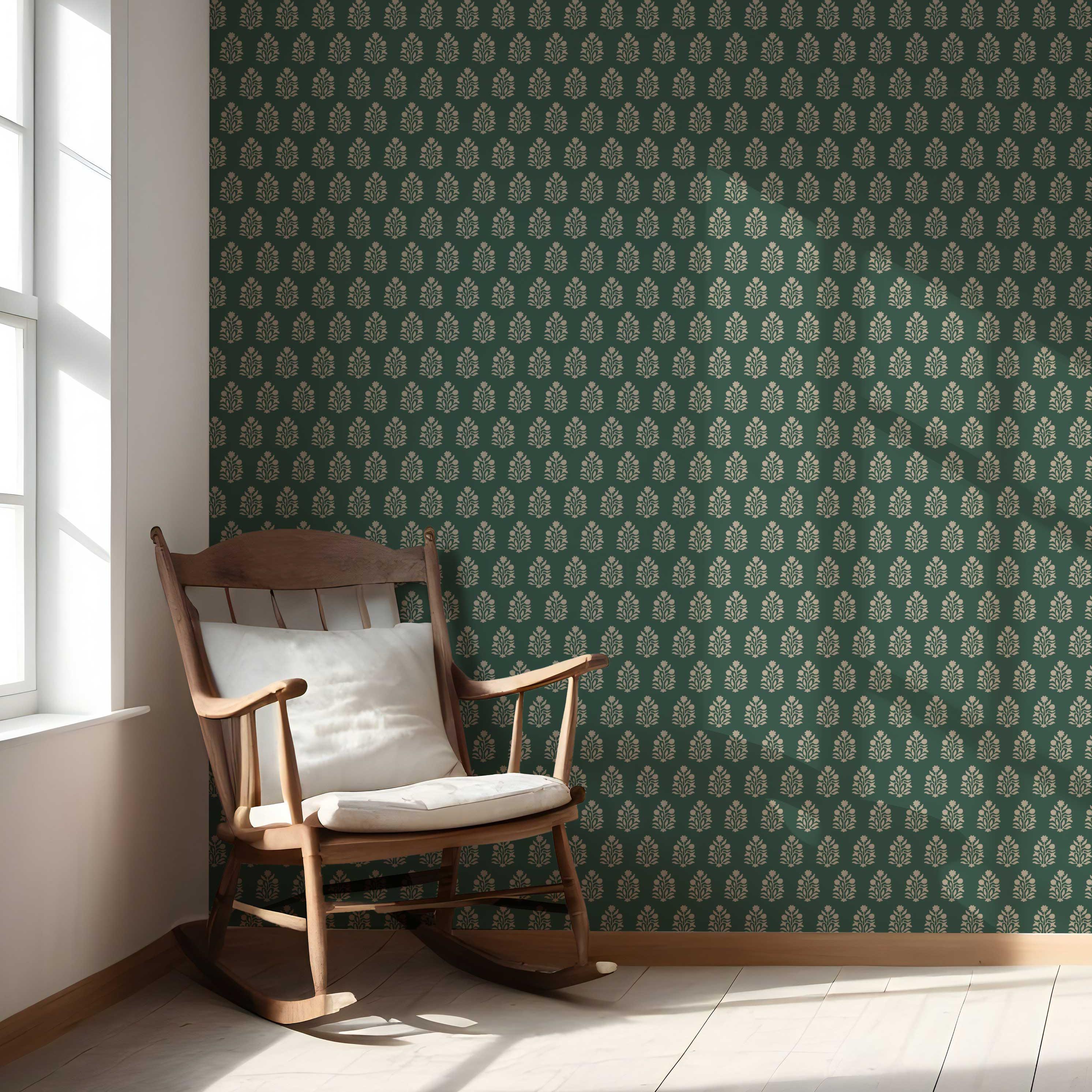 Vintage-Inspired Botanical Floral Block Print Nursery Wallpaper Sample (Green/ Beige)
