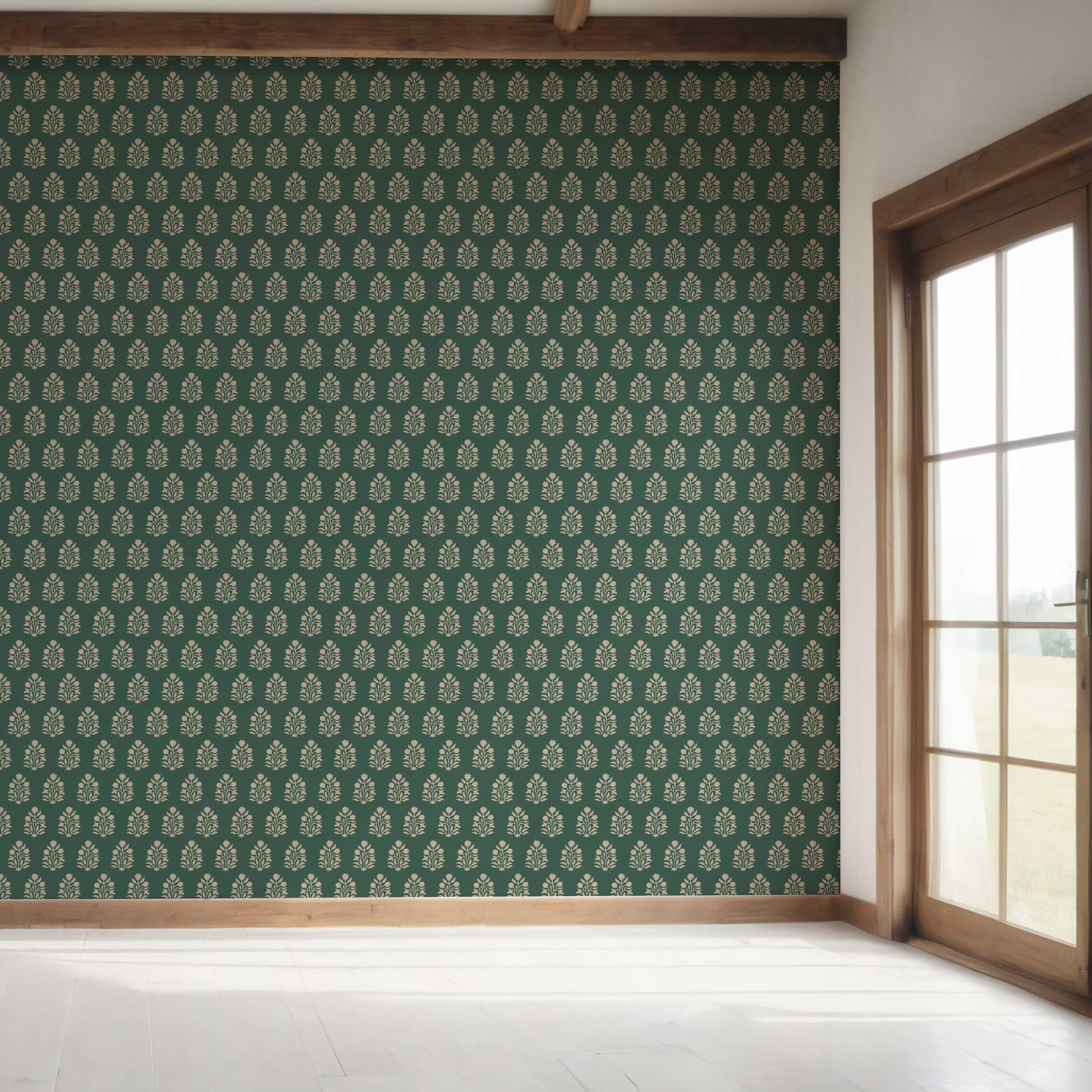 Vintage-Inspired Botanical Floral Block Print Bedroom Wallpaper Sample (Green/ Beige)