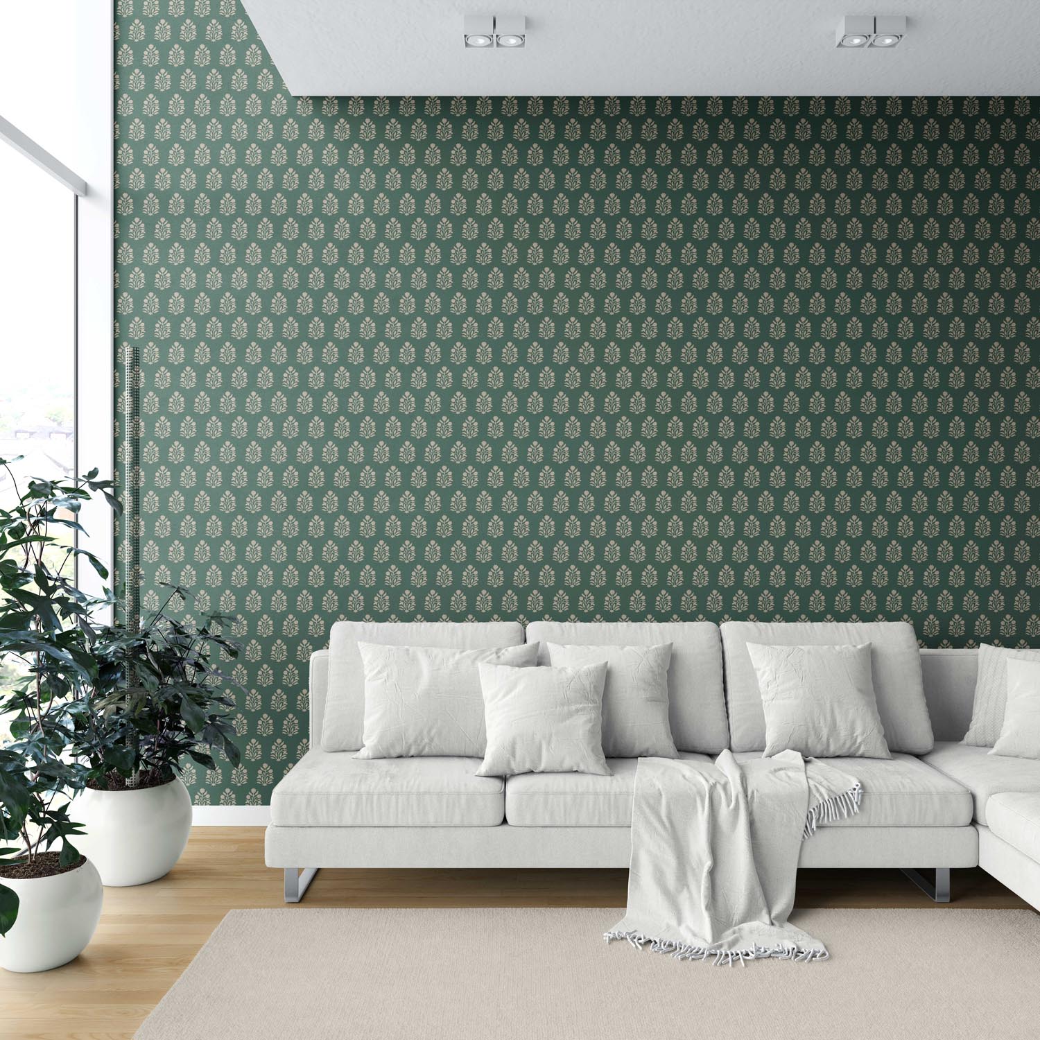 Vintage-Inspired Botanical Floral Block Print Shower Toilet Wallpaper Sample (Green/ Beige)