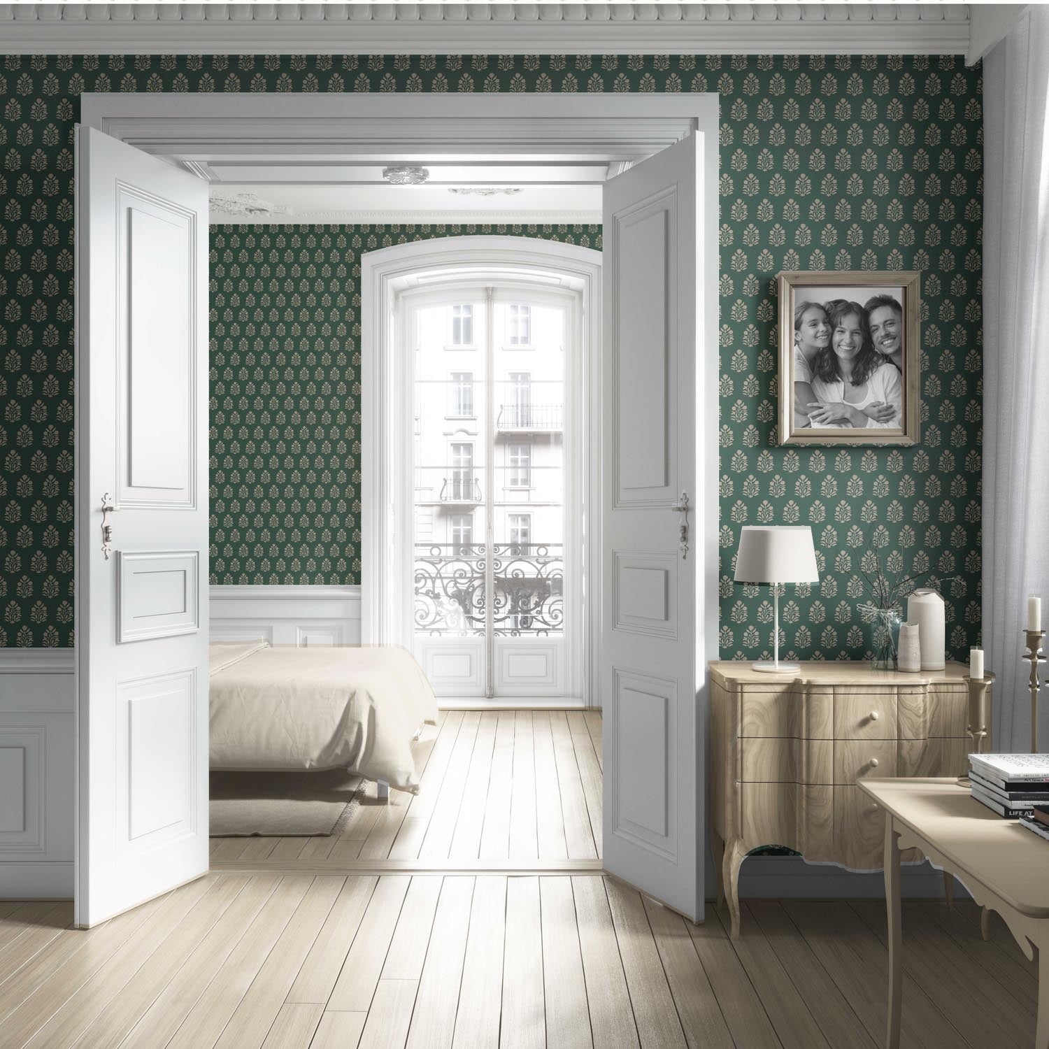 Vintage-Inspired Botanical Floral Block Print Living Room Wallpaper Sample (Green/ Beige)