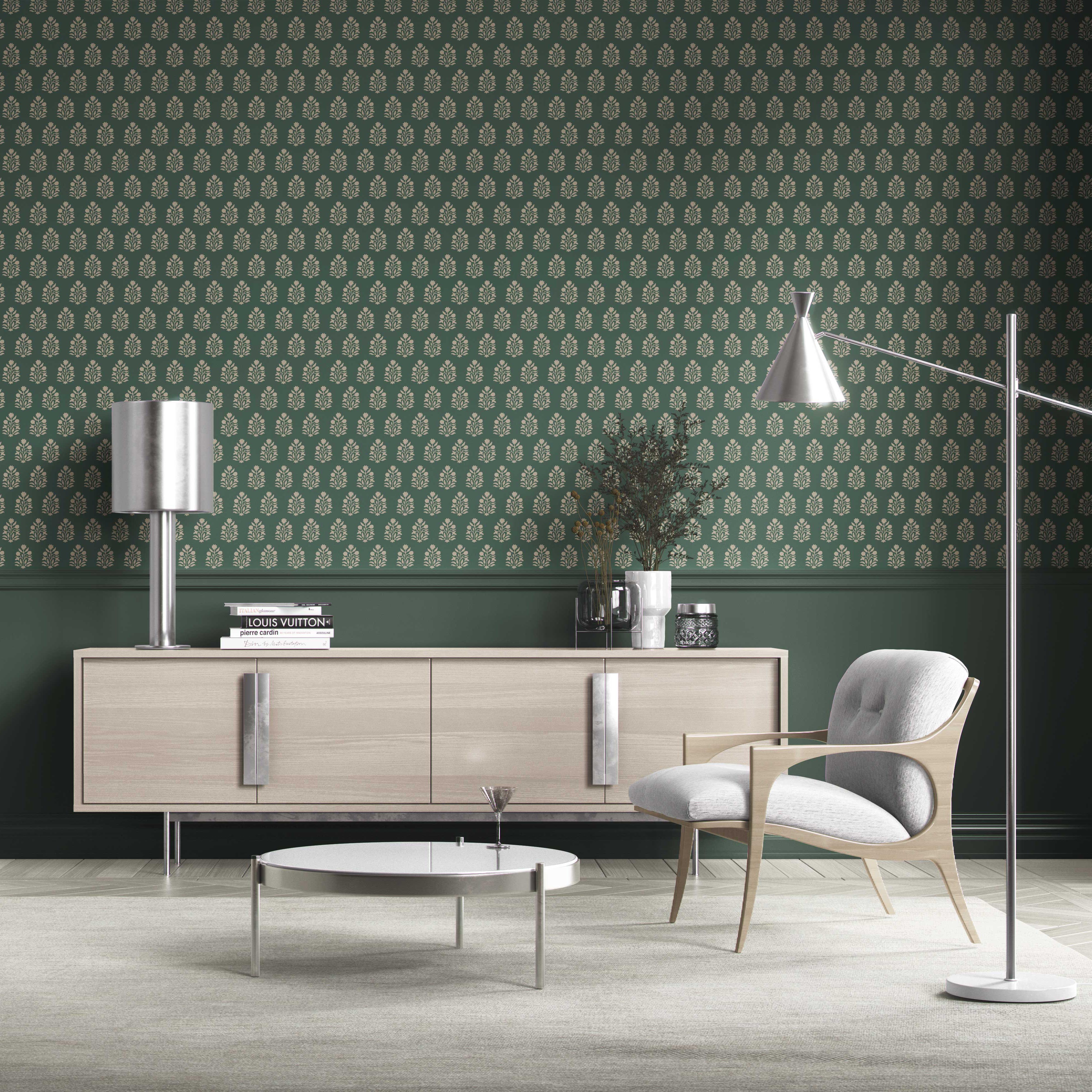 Vintage-Inspired Botanical Floral Block Print Kitchen Wallpaper (Green/ Beige)
