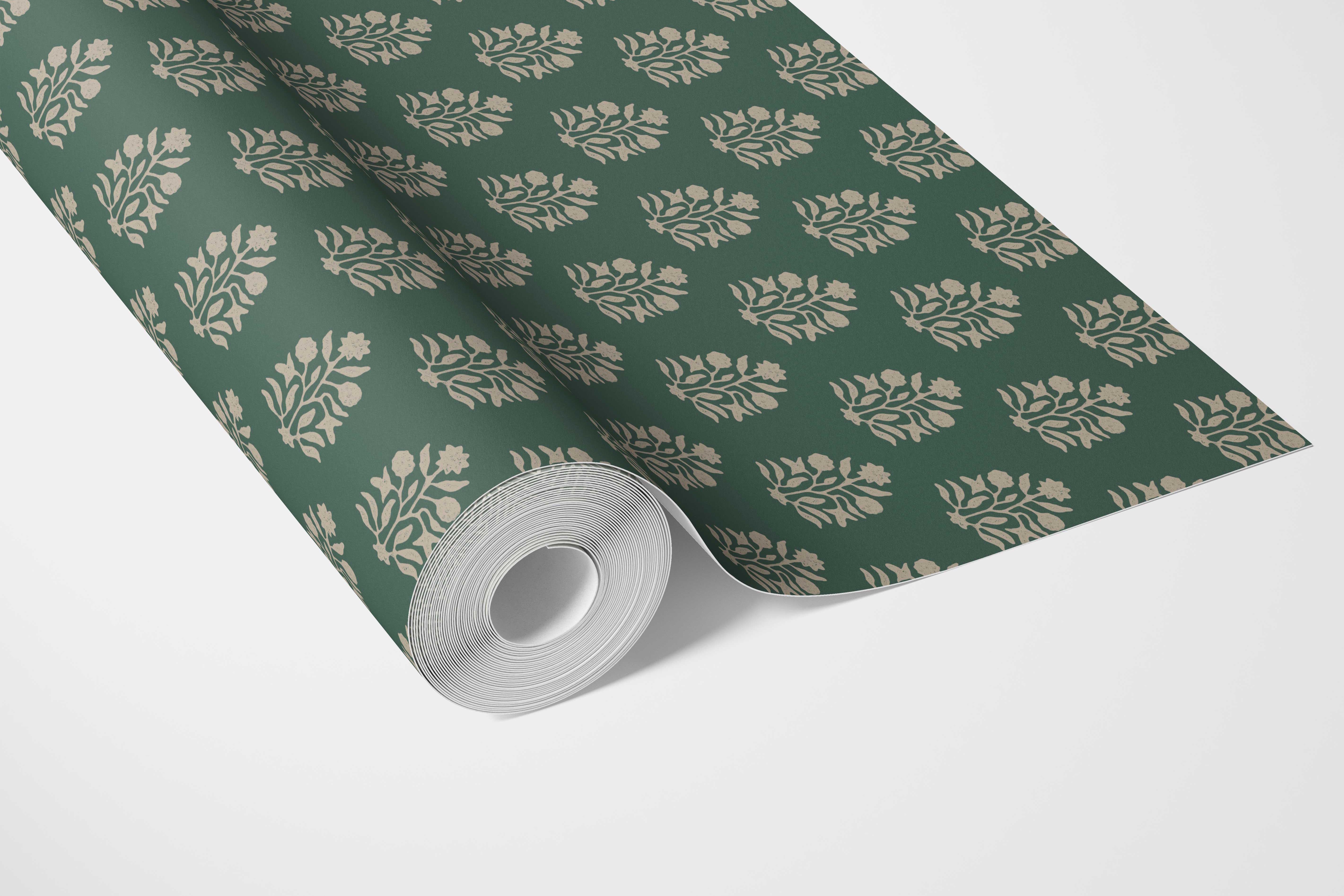 Vintage-Inspired Botanical Floral Block Print Bathroom Wallpaper Sample (Green/ Beige)
