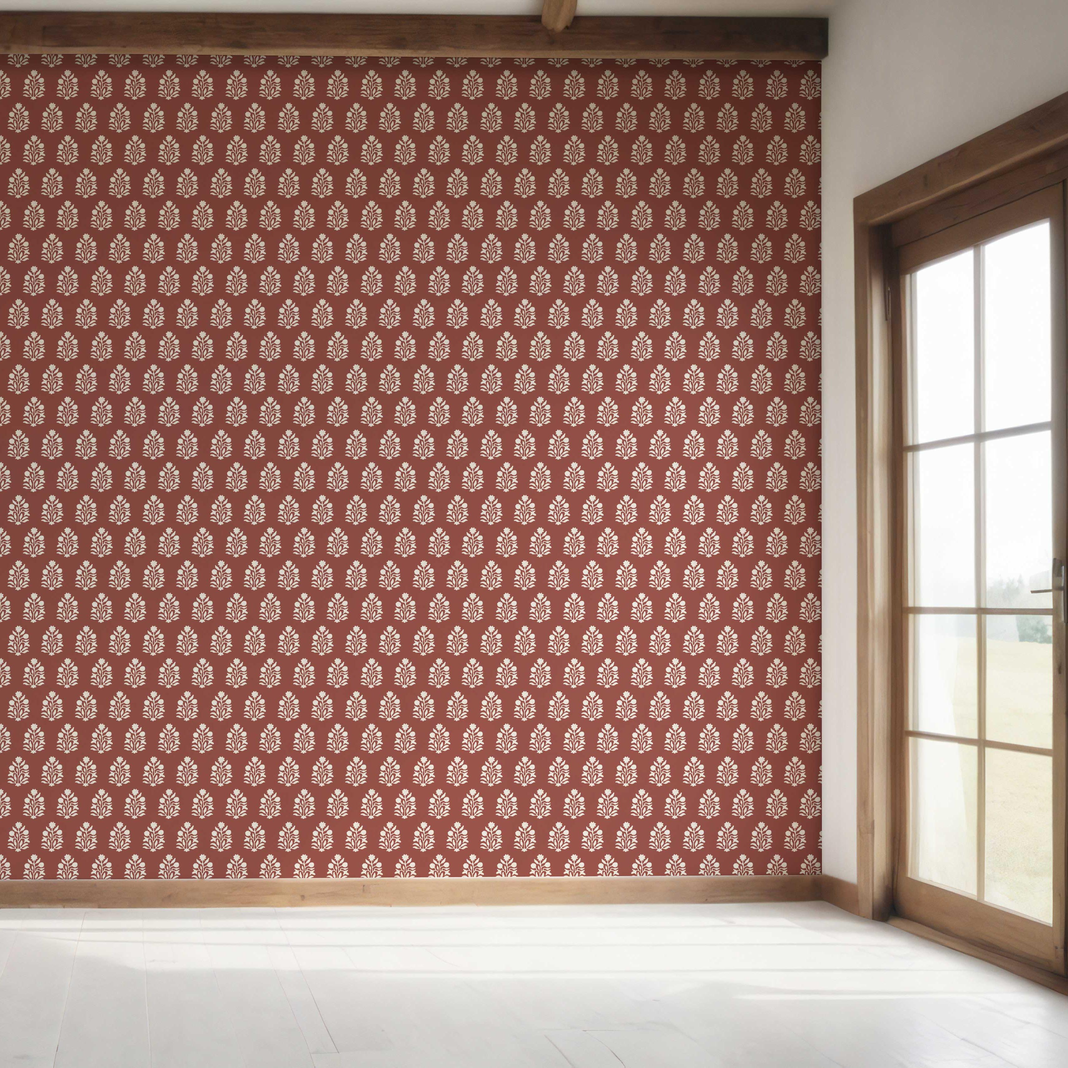 Vintage-Inspired Botanical Floral Block Print Bedroom Wallpaper Sample (Brick Red/ White)