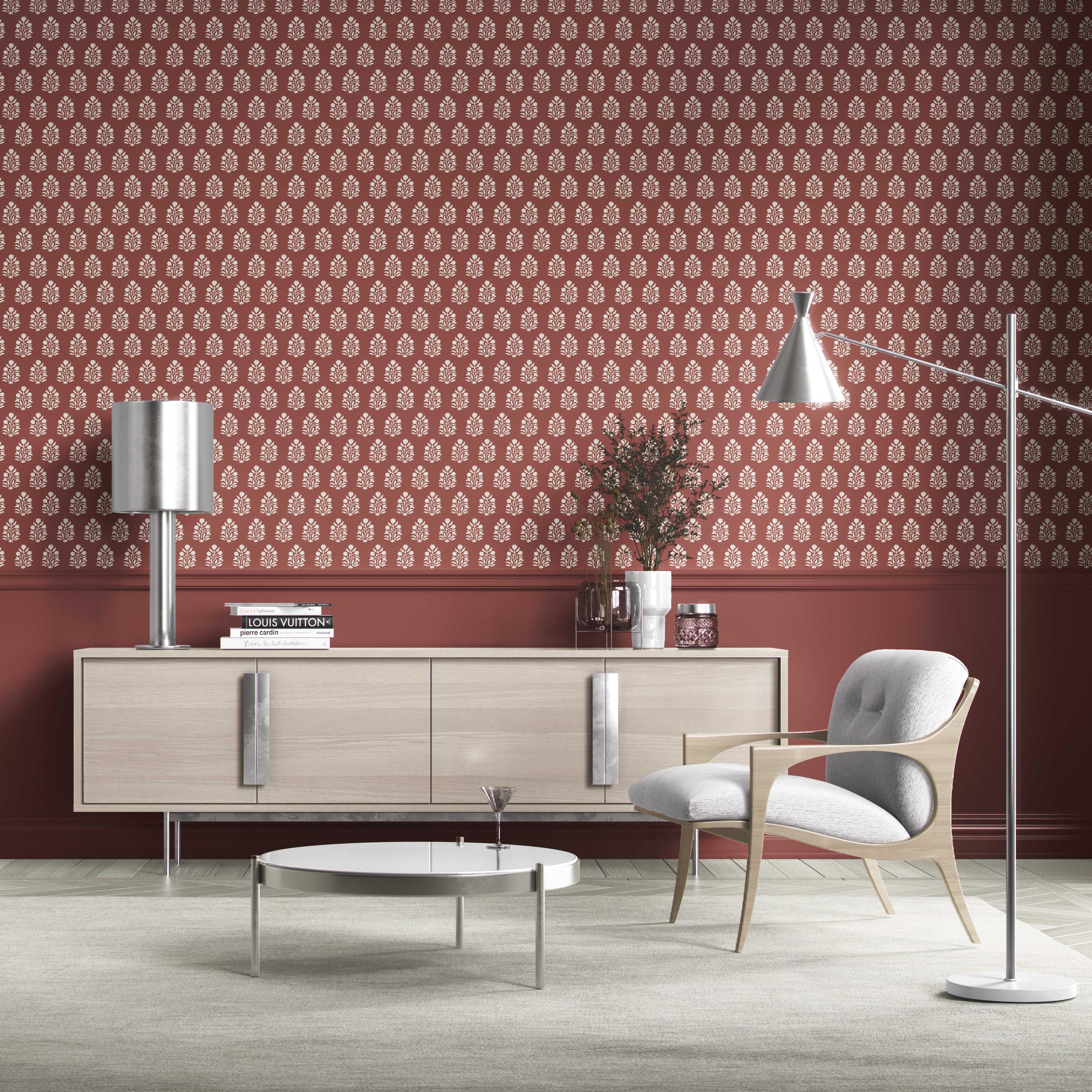 Vintage-Inspired Botanical Floral Block Print Kitchen Wallpaper (Brick Red/ White)
