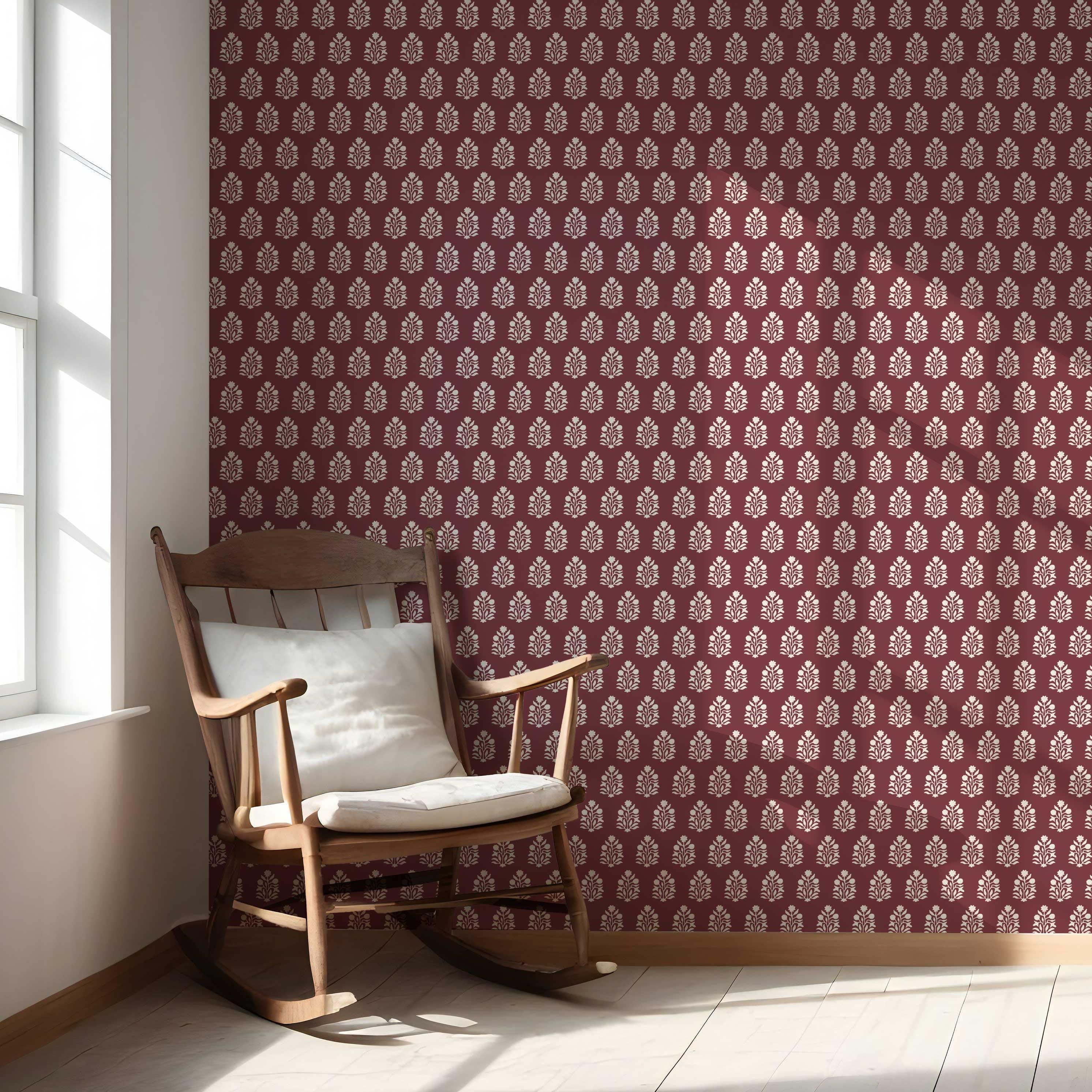 Vintage-Inspired Botanical Floral Block Print Nursery Wallpaper Sample (Red/ White)