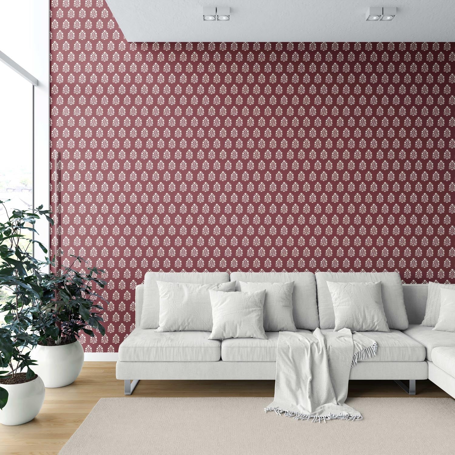 Vintage-Inspired Botanical Floral Block Print Shower Toilet Wallpaper Sample (Red/ White)