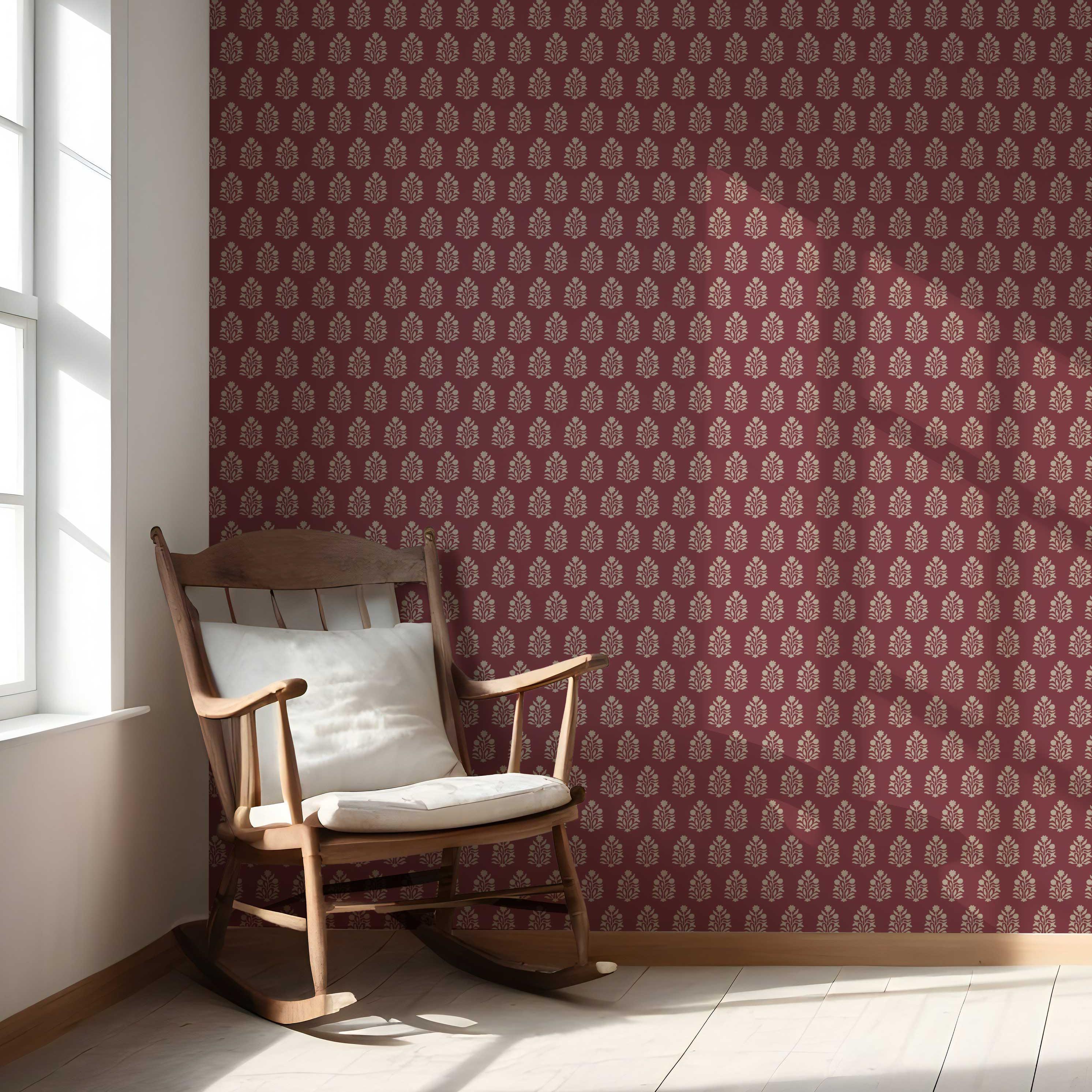 Vintage-Inspired Botanical Floral Block Print Nursery Wallpaper Sample (Red/ Beige)