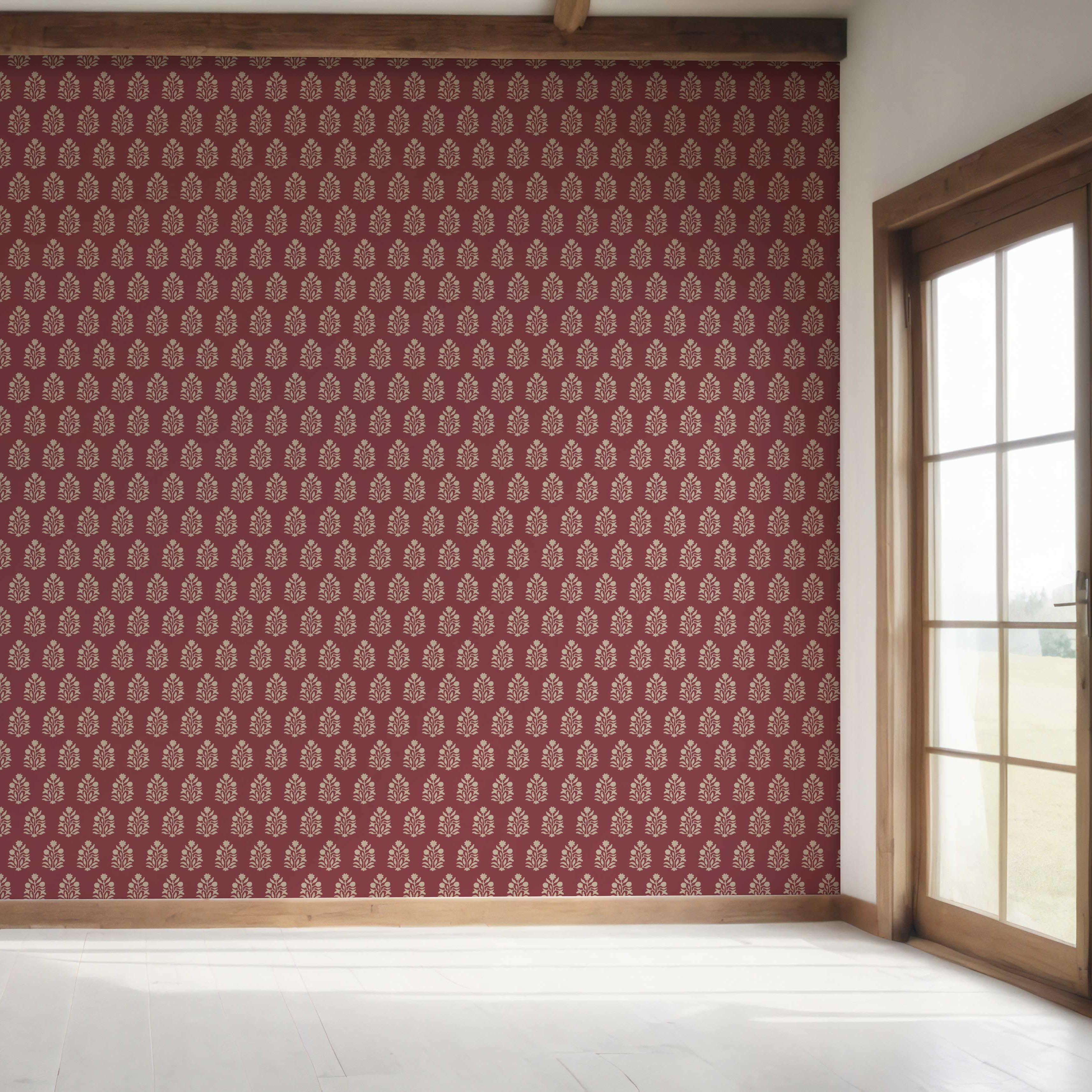 Vintage-Inspired Botanical Floral Block Print Bedroom Wallpaper Sample (Red/ Beige)