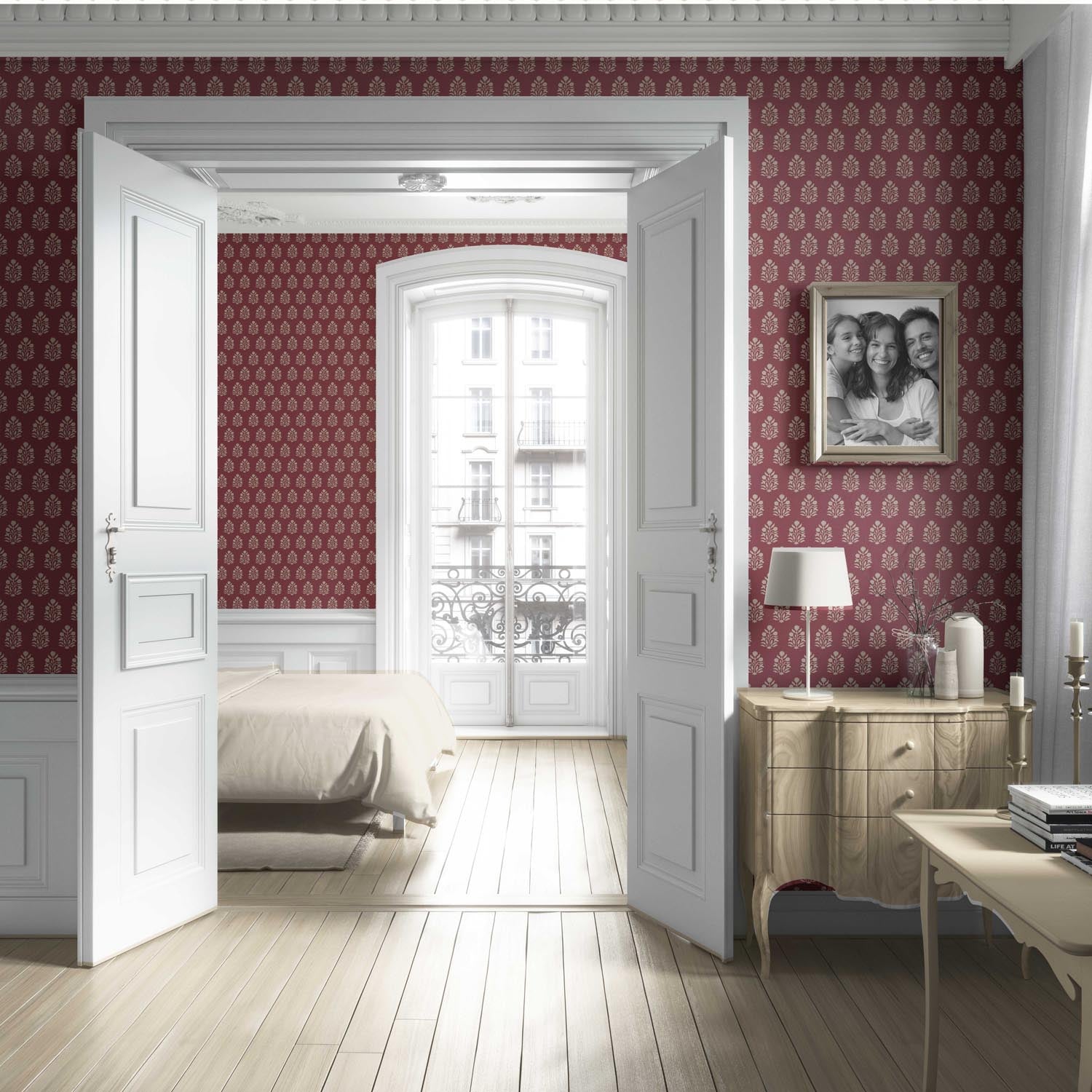 Vintage-Inspired Botanical Floral Block Print Living Room Wallpaper Sample (Red/ Beige)