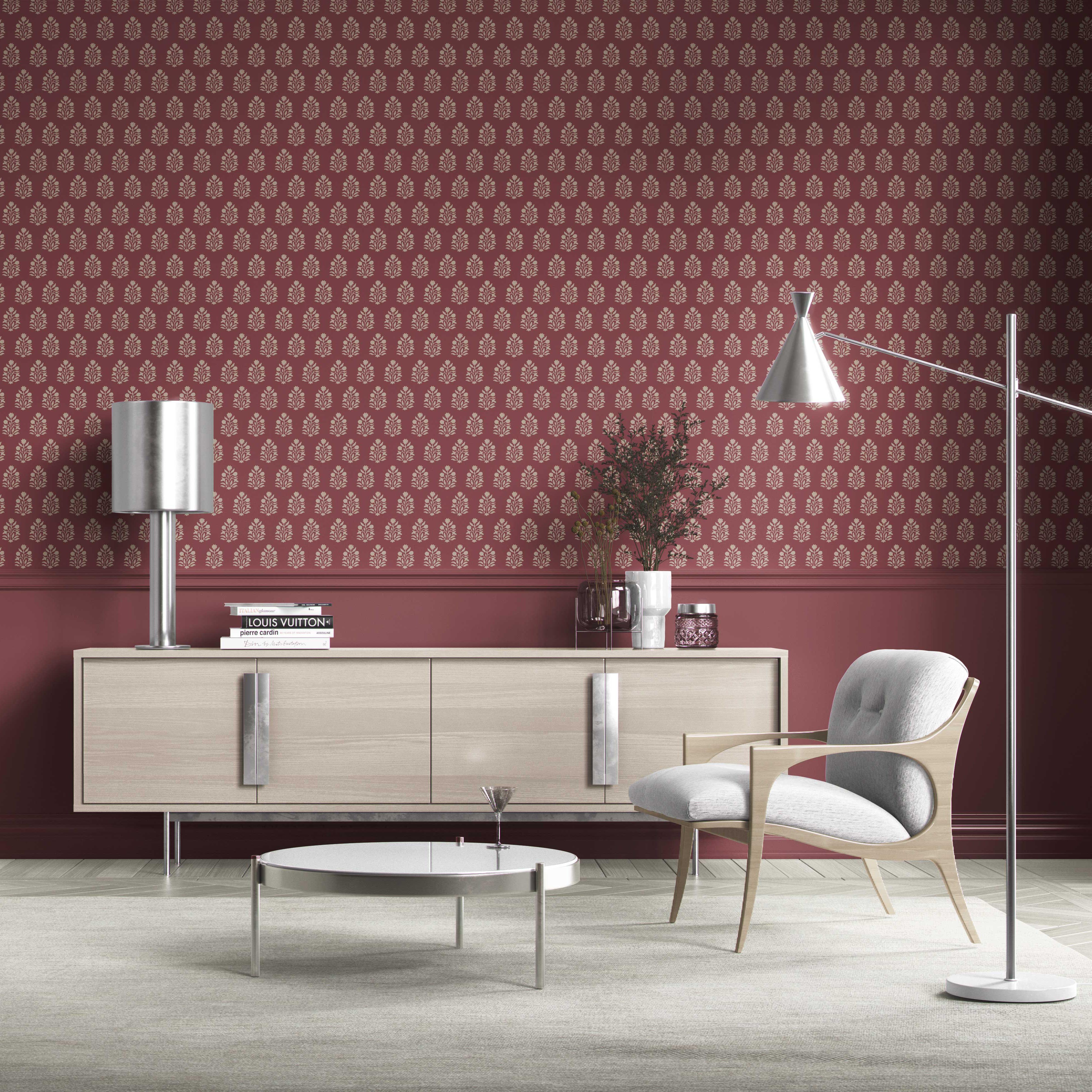 Vintage-Inspired Botanical Floral Block Print Kitchen Wallpaper (Red/ Beige)