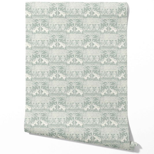 Ethnic/ Heritage Elephants & Animals Print Traditional Wallpaper Sample (Duck Egg Blue/ White)